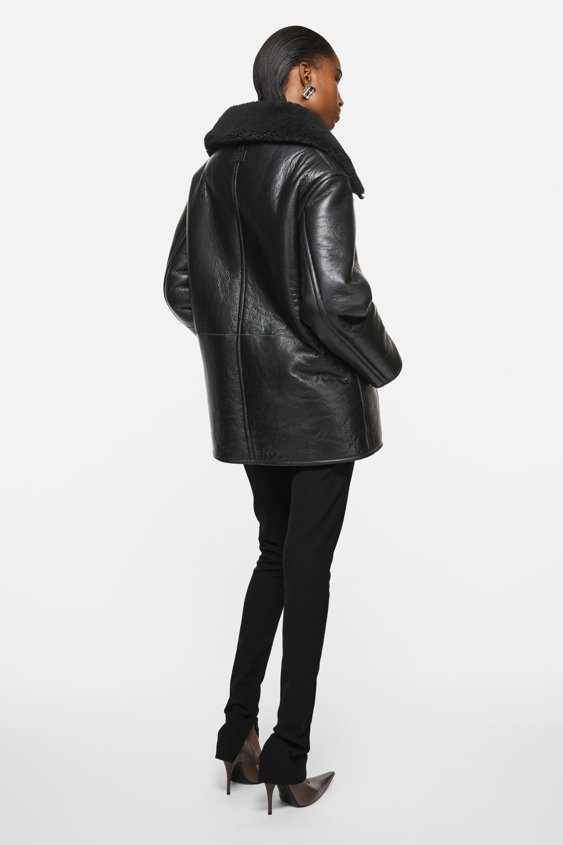 Leather Shearling Duffle Coat, Black, 2000x