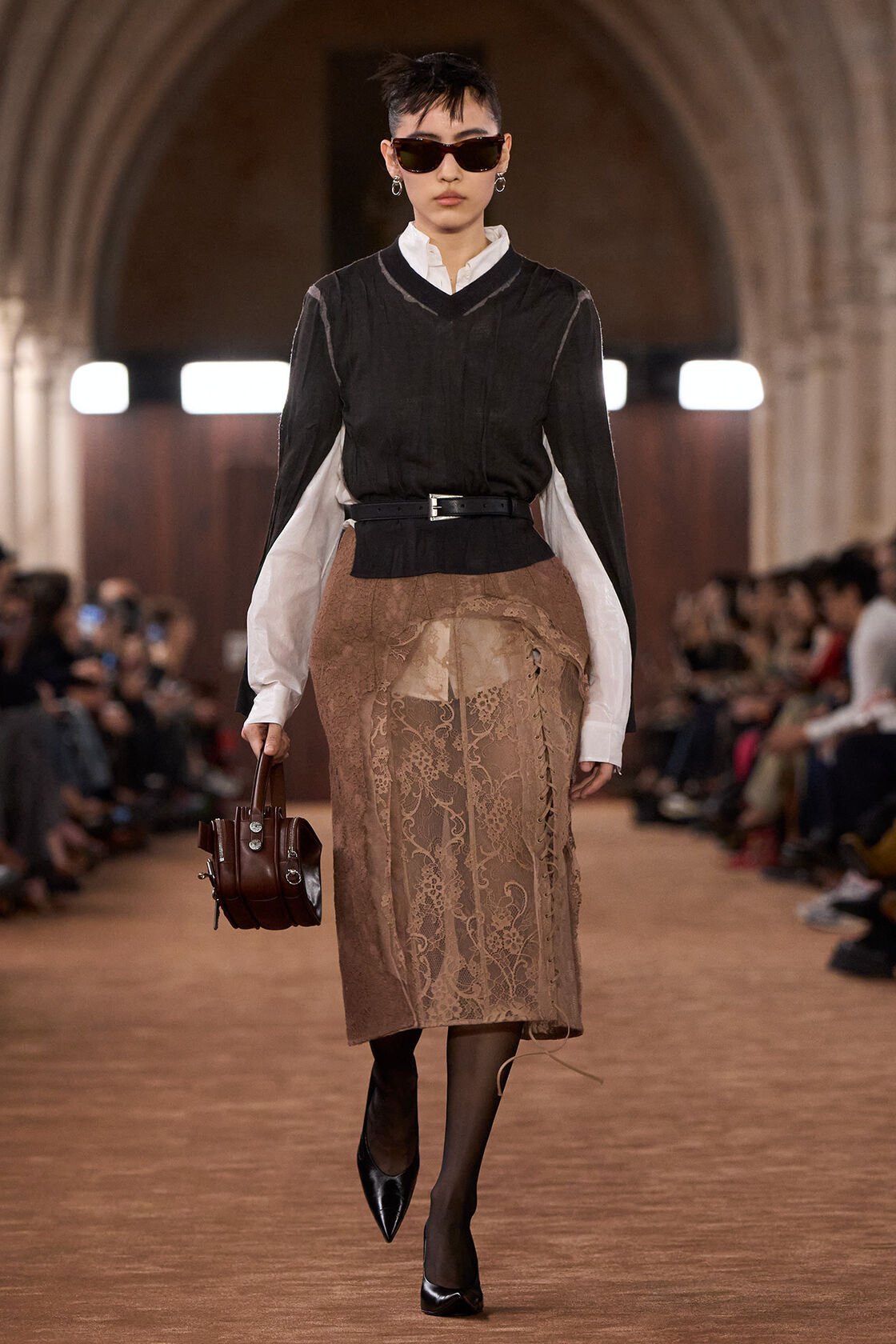 褶皱感 V 领针织衫, 棕色/灰色, 2000x