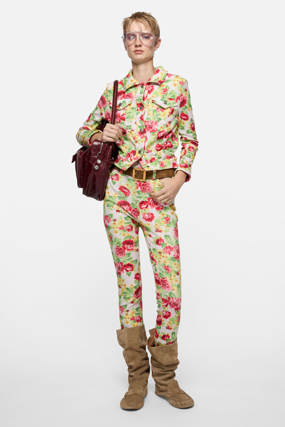 Printed stretch denim jacket, Pink/multi, 2000x