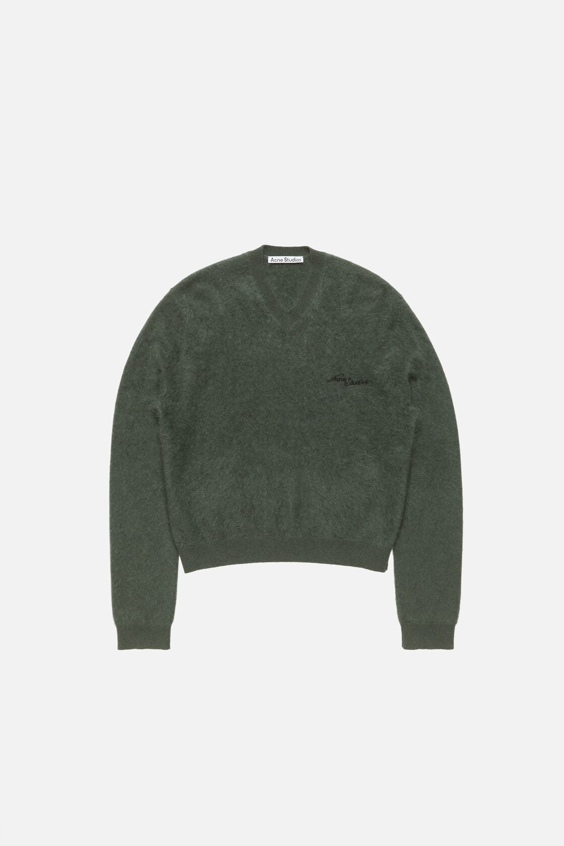 Acne Studios dark green cashmere v-neck sweater with fuzzy texture, embroidered logo at chest, ribbed cuffs, and waist-length silhouette.