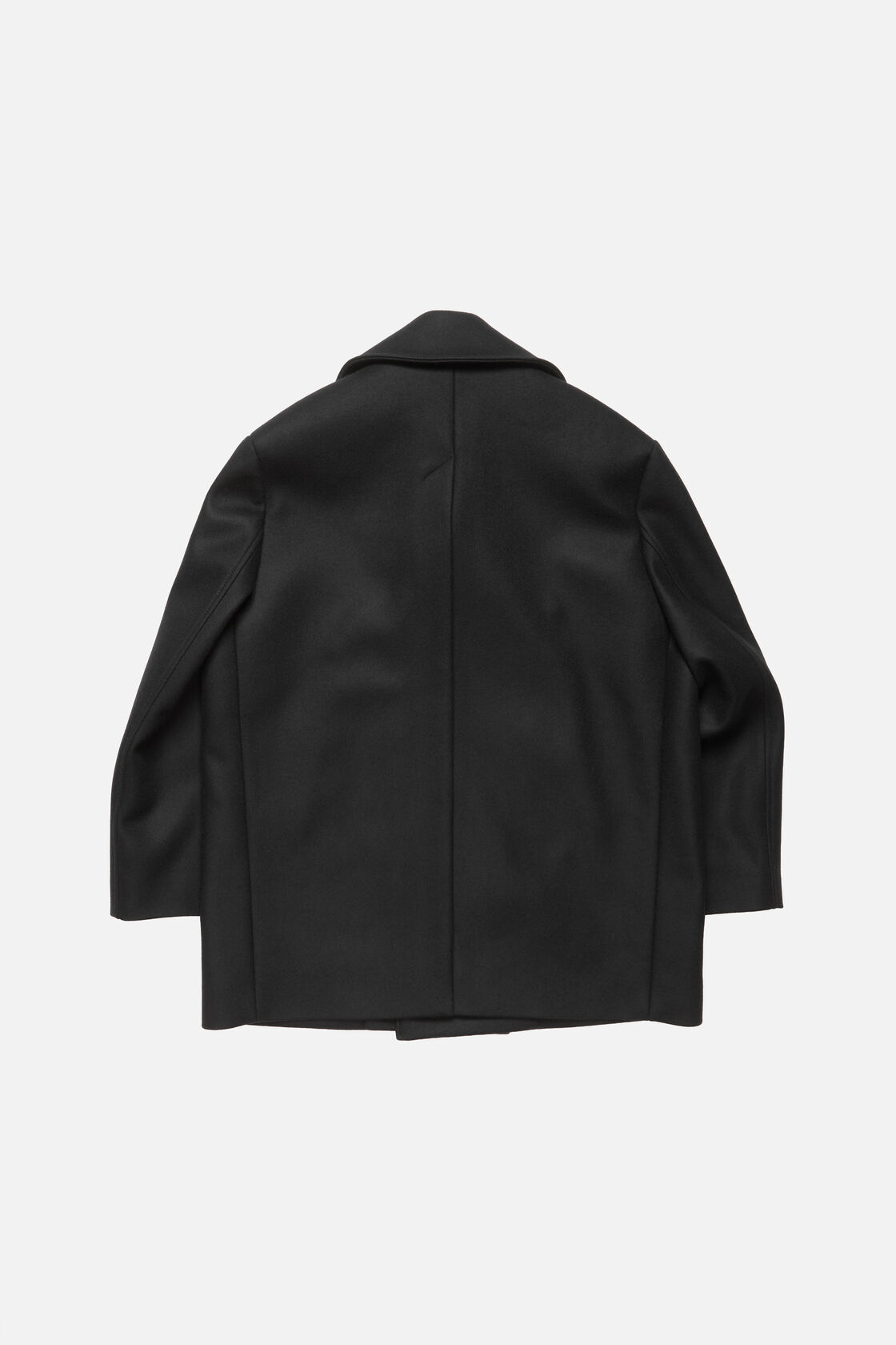 Acne Studios black wool peacoat shown from the back, featuring a boxy silhouette, wide lapels, and a centre-back seam detail.
