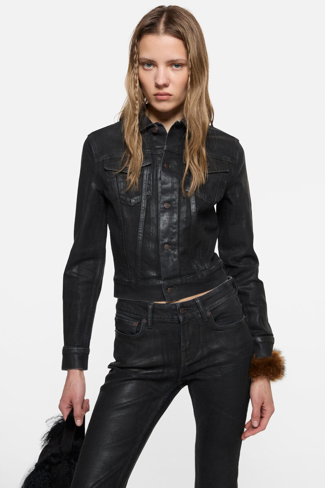 Fitted denim jacket, Black, 2000x