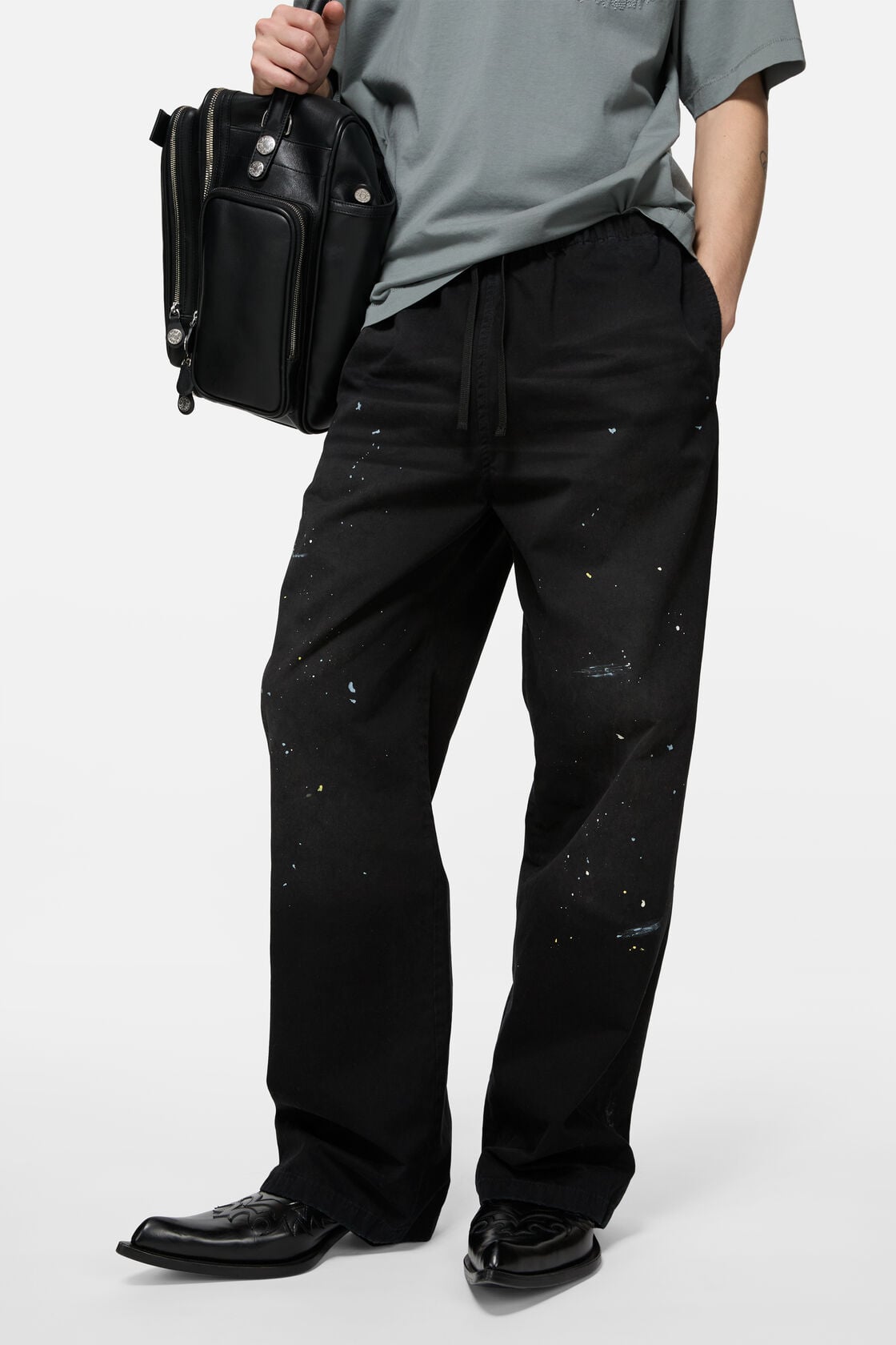 Washed cotton trousers, Black, 2000x
