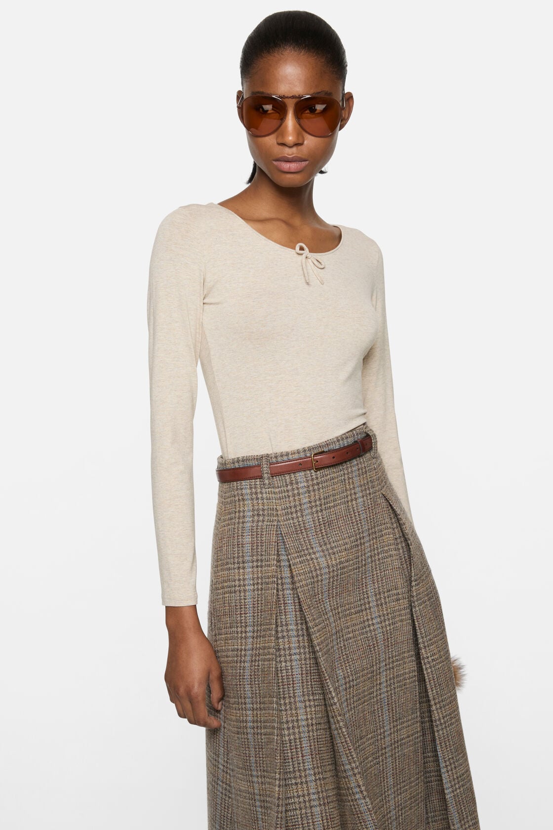 Jersey t-shirt with bow, Beige melange, 2000x