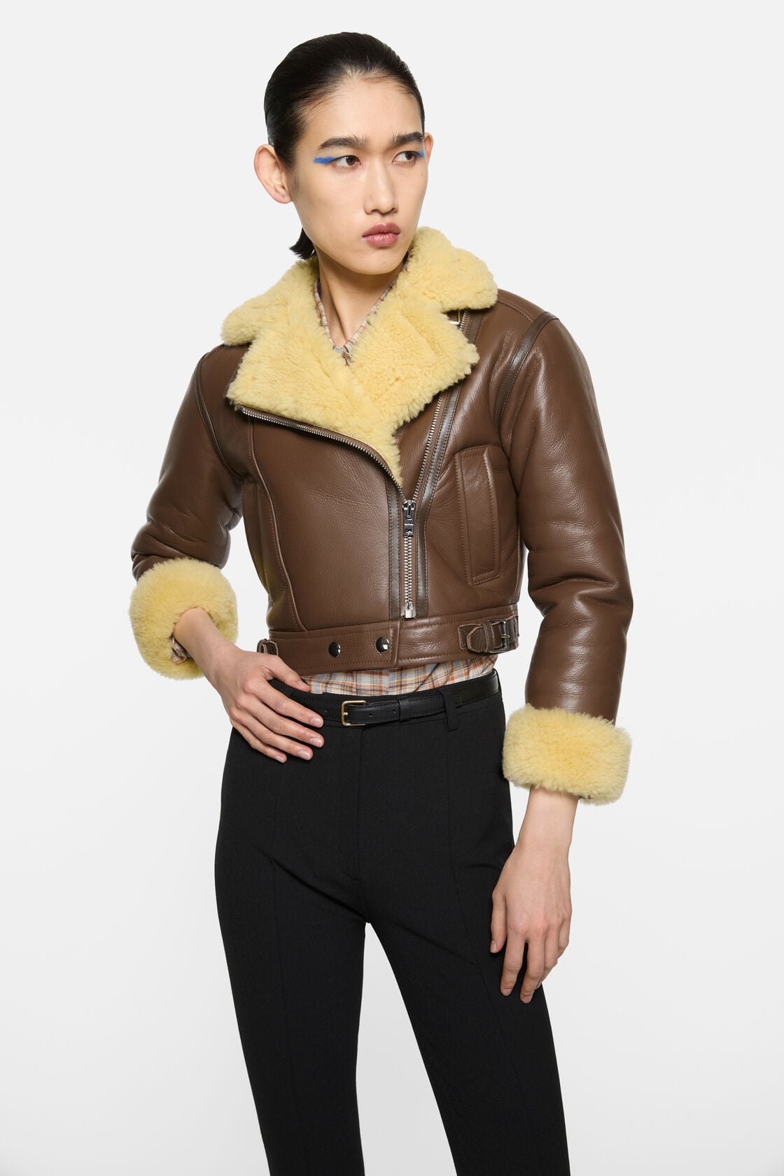 Shearling biker jacket, Mid brown/pale yellow, 2000x