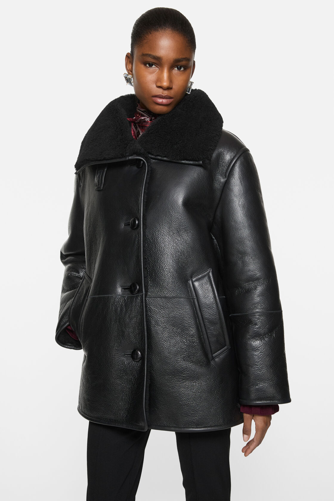 Leather Shearling Duffle Coat, Black, 2000x