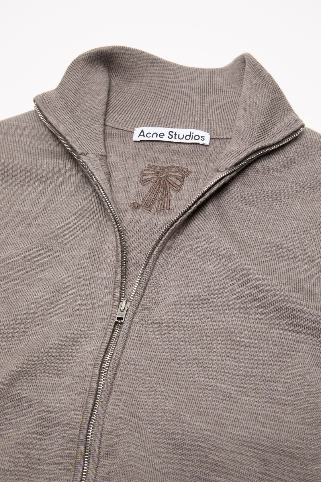 Zip-up bow logo cardigan, Warm Grey Melange, 2000x