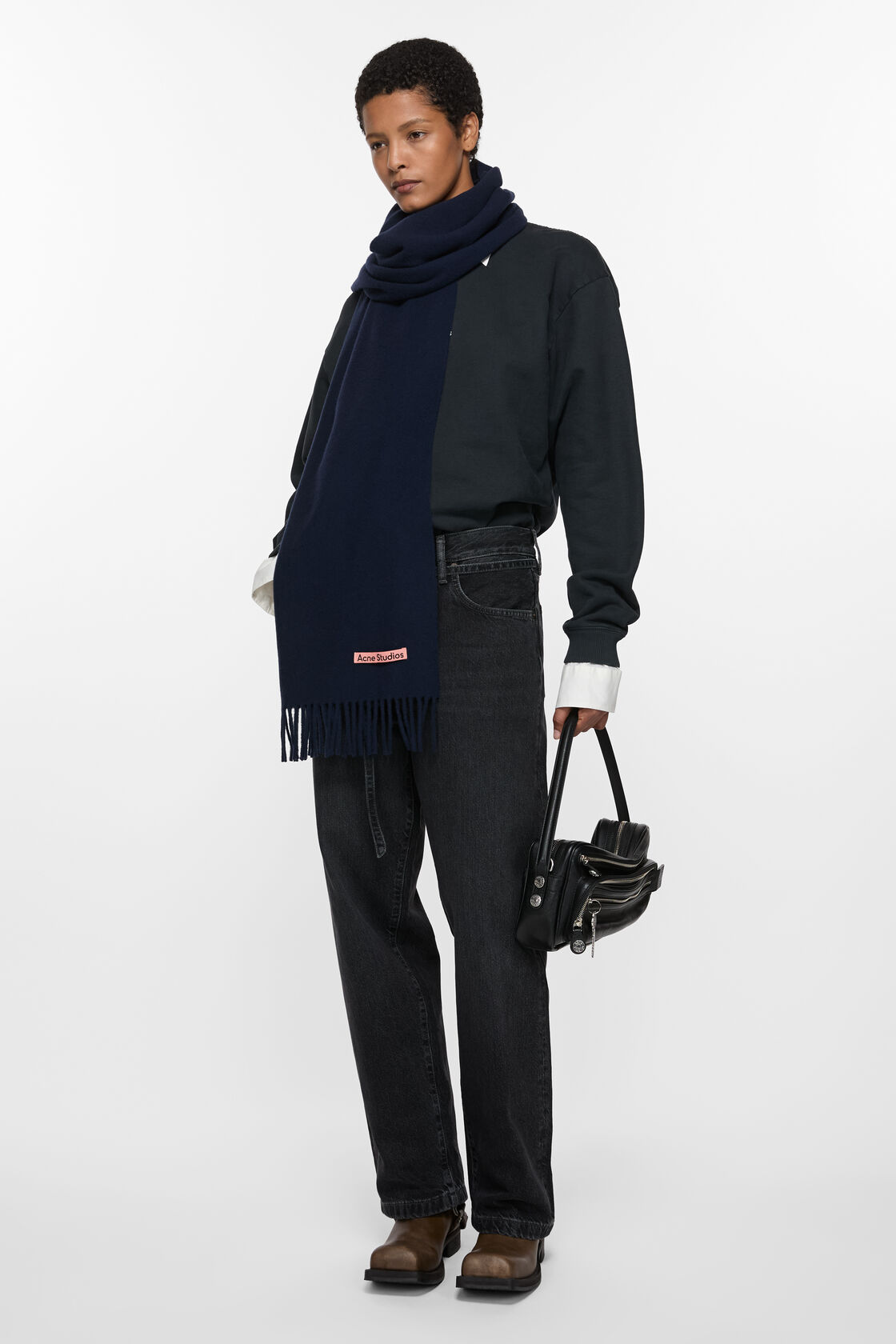 Fringe wool scarf &ndash; Narrow, Navy blue, 2000x