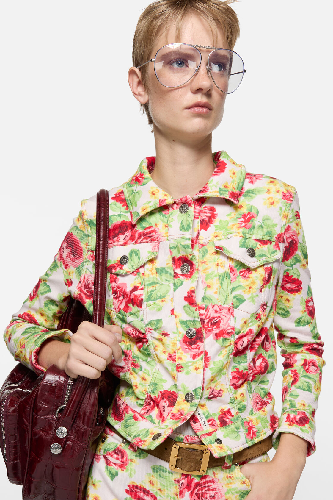 Printed stretch denim jacket, Pink/multi, 2000x