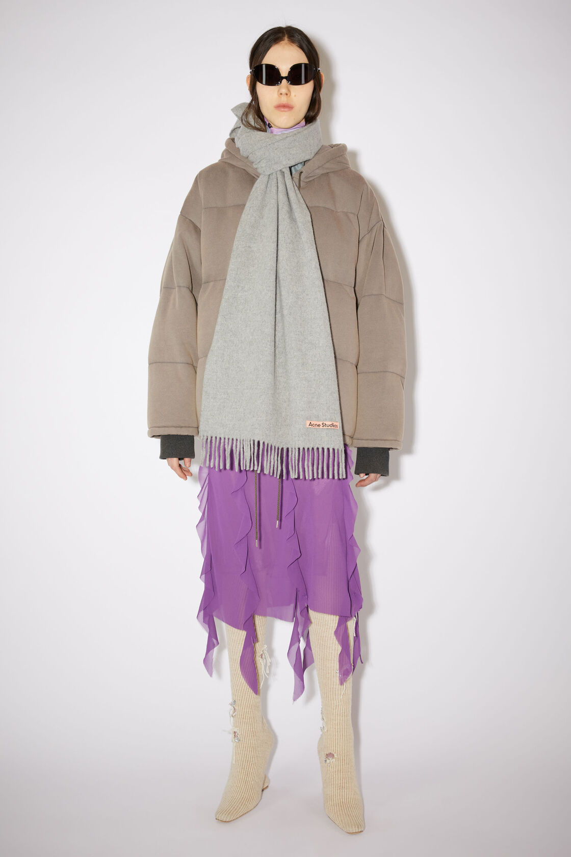 Fringe wool scarf - Narrow, Light Grey Melange, 2000x