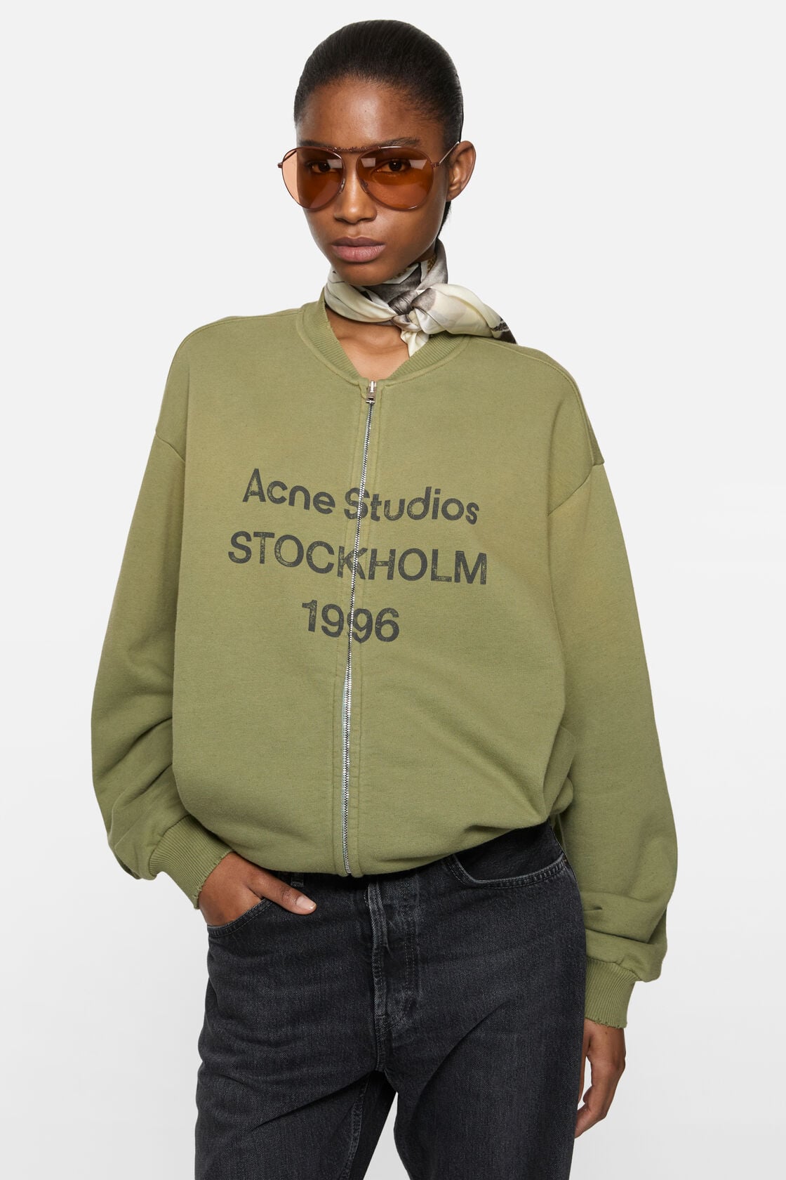 Washed zip-up cardigan, Olive green, 2000x