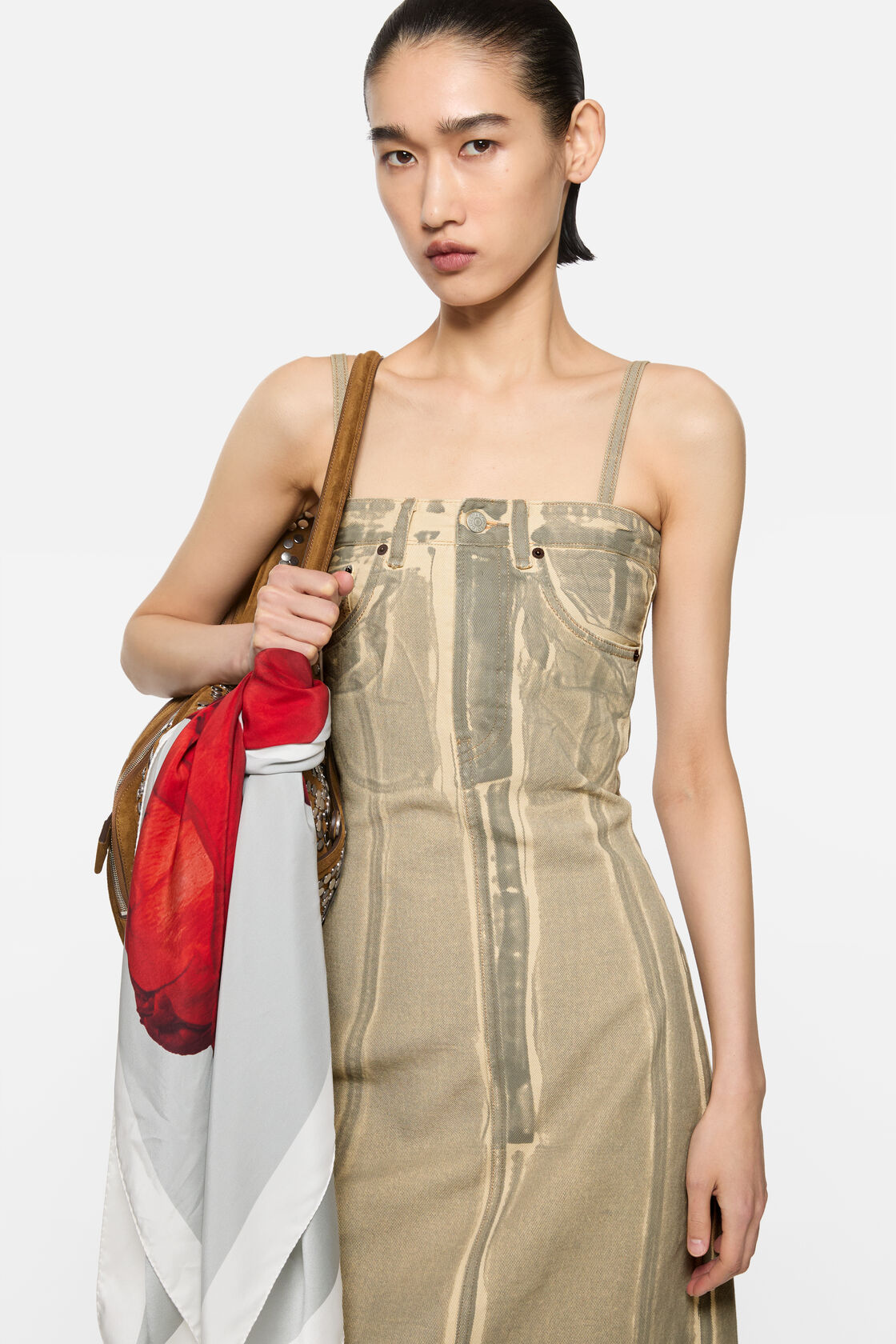 Printed denim midi dress, Beige/Sage green, 2000x