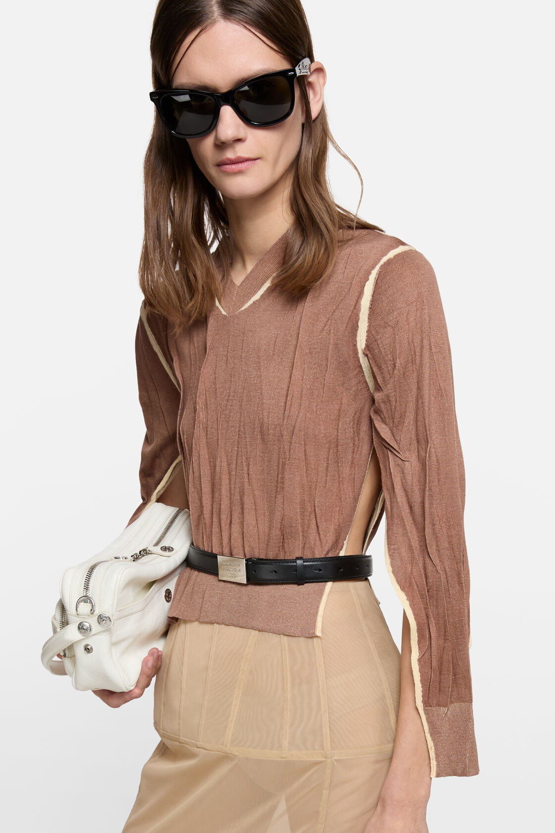 褶皱感 V 领针织衫, 旧粉色, 2000x