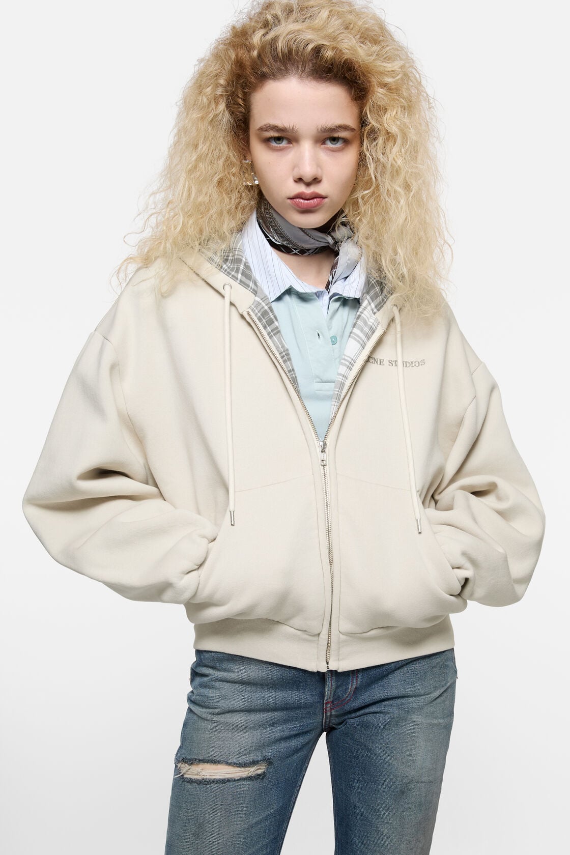 Fleece hoodie with logo, Pebble beige, 2000x