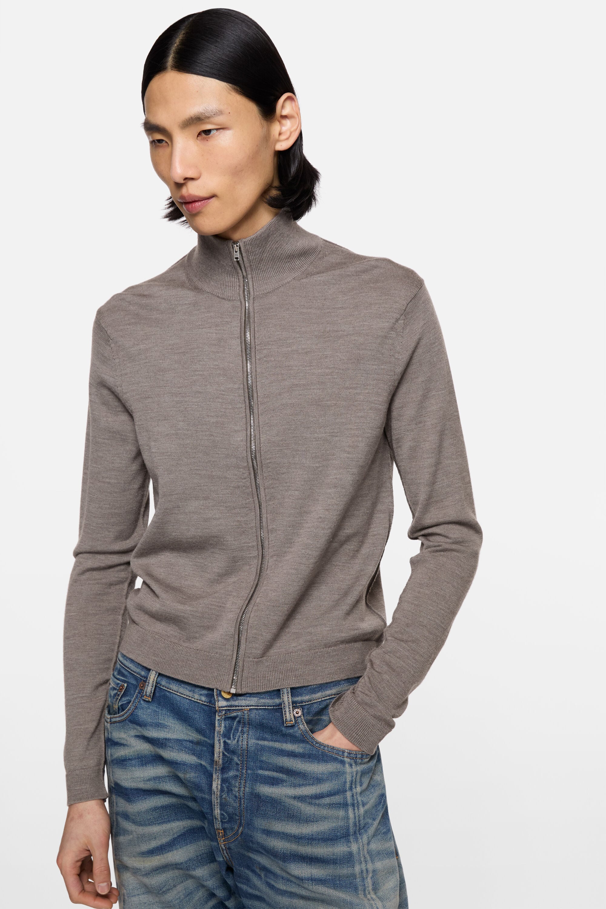 Acne Studios - Zip-up bow logo cardigan - Warm Grey Melange