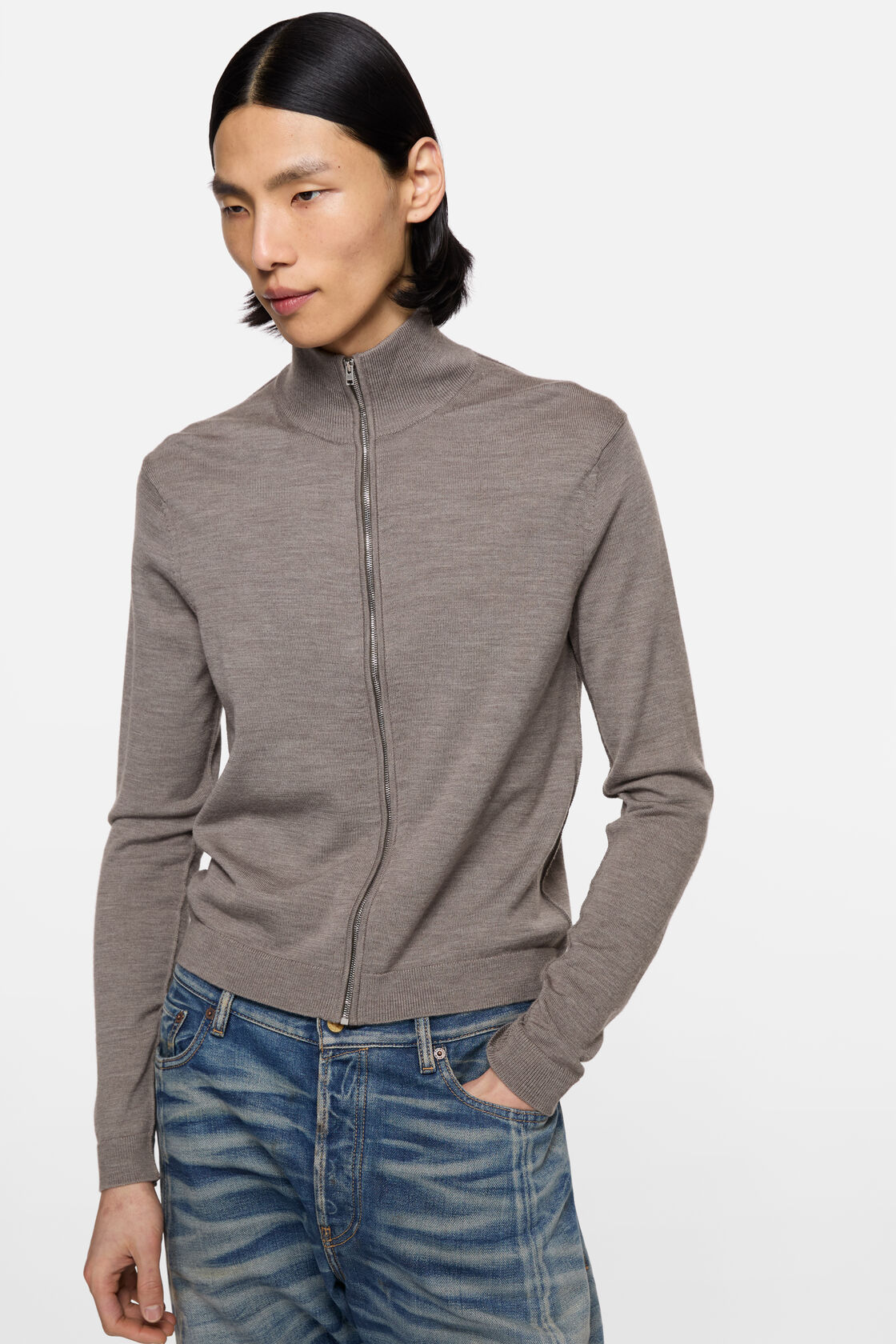 Zip-up bow logo cardigan, Warm Grey Melange, 2000x