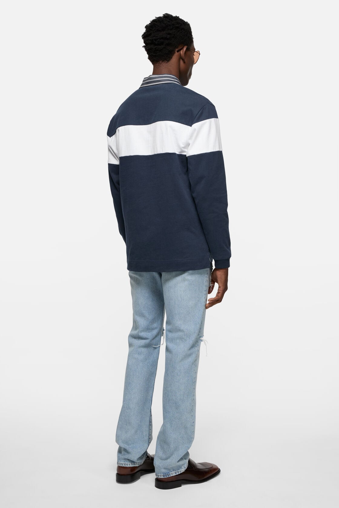 Striped polo sweatshirt, Navy/white, 2000x