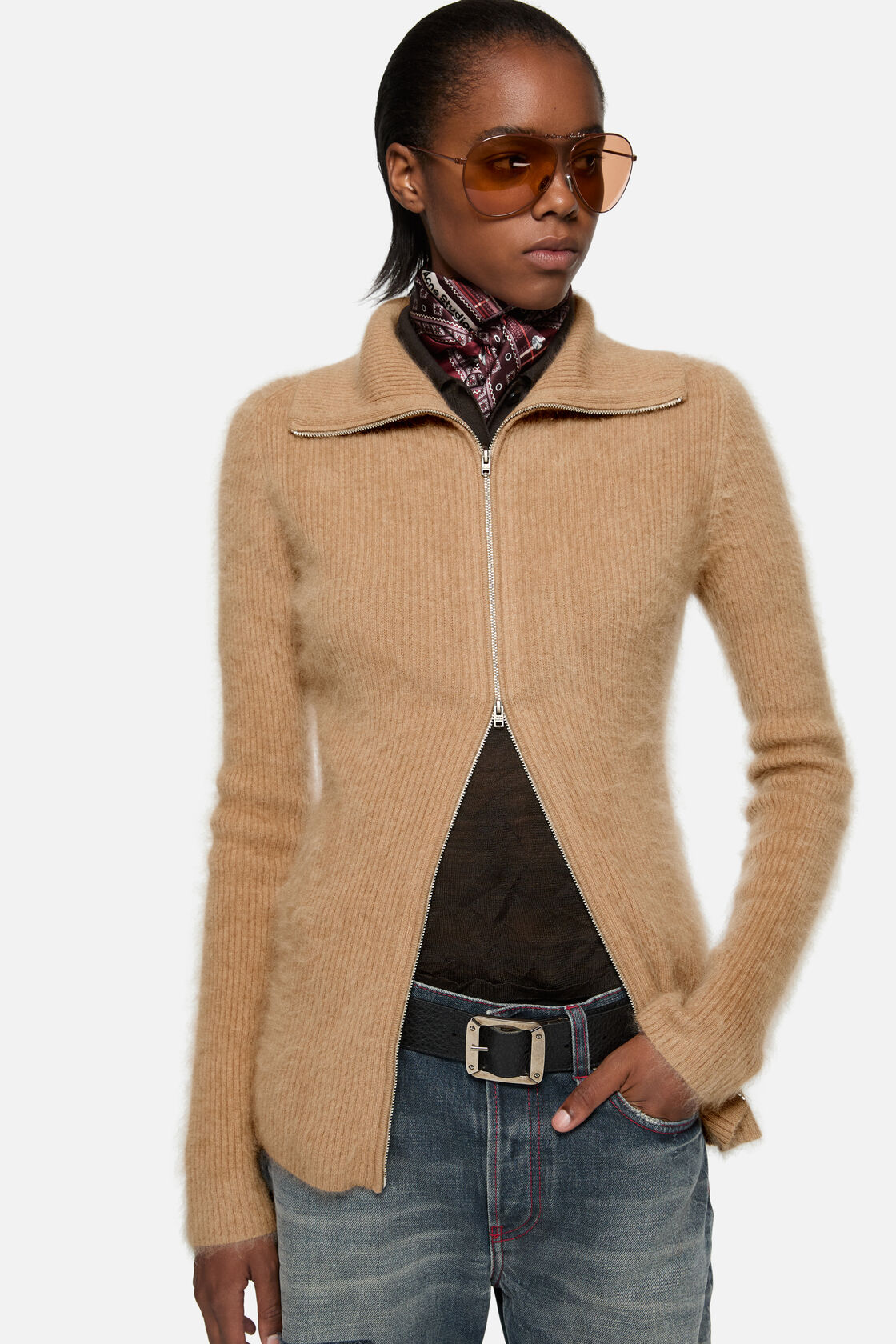 Cashmere zip-up cardigan, Light brown, 2000x