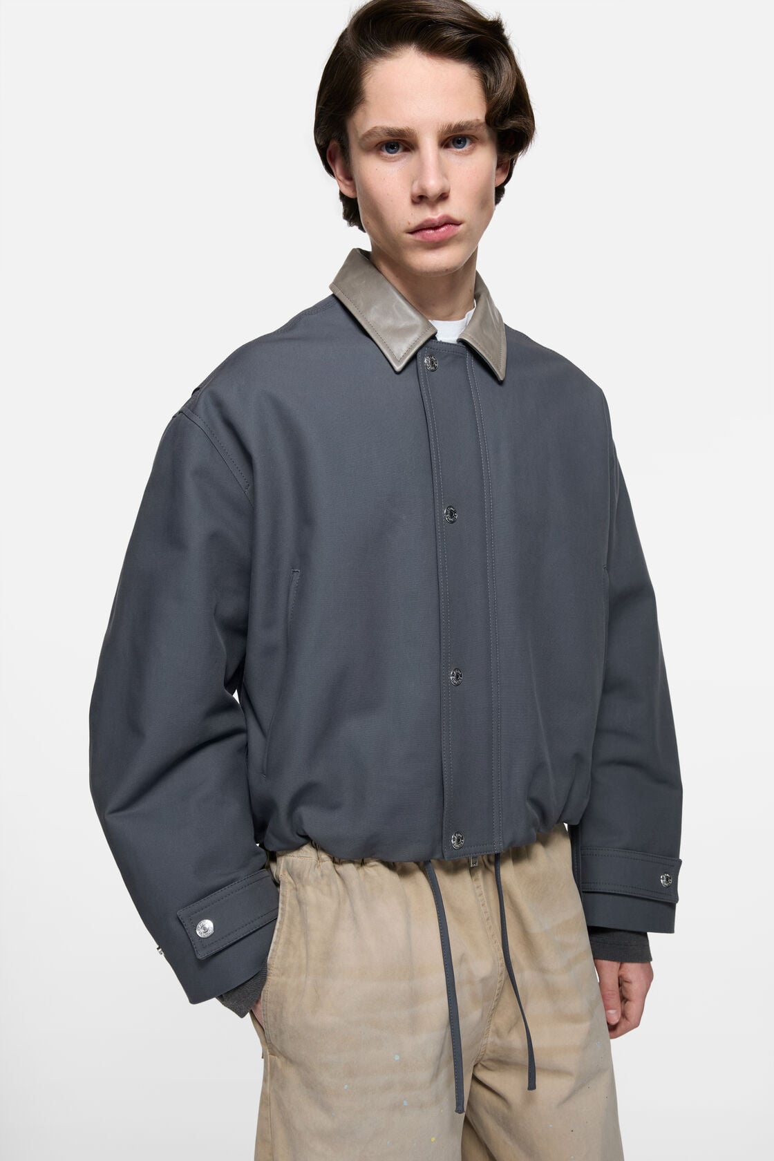 Bomber with leather collar, Carbon grey, 2000x