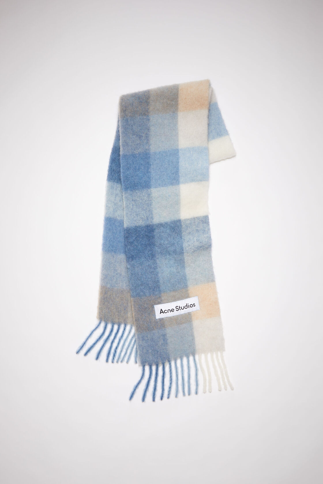 Checked wool fringe scarf, Pastel blue/beige, 2000x