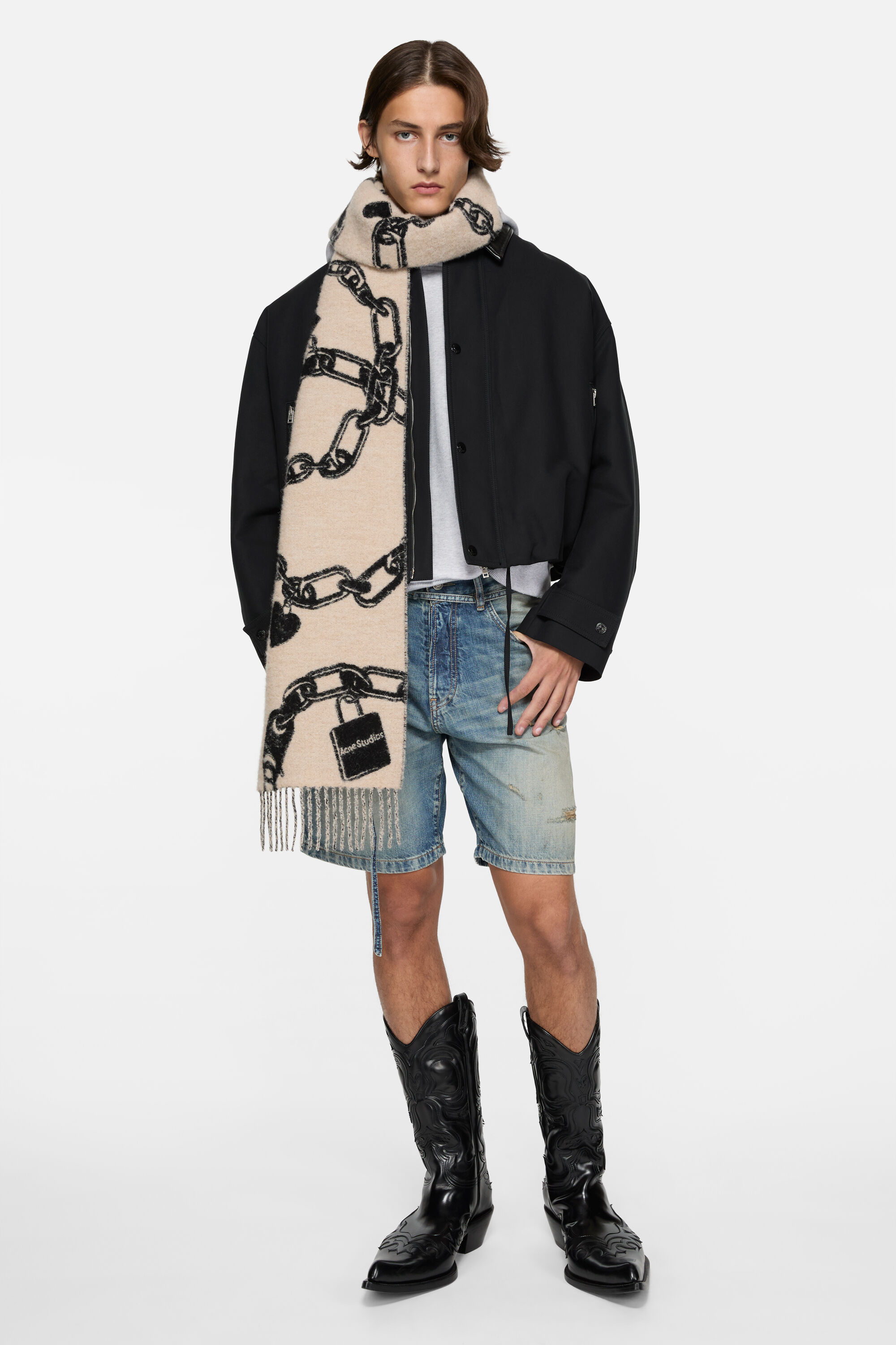 Acne Studios - Chain logo wool scarf - Beige/black