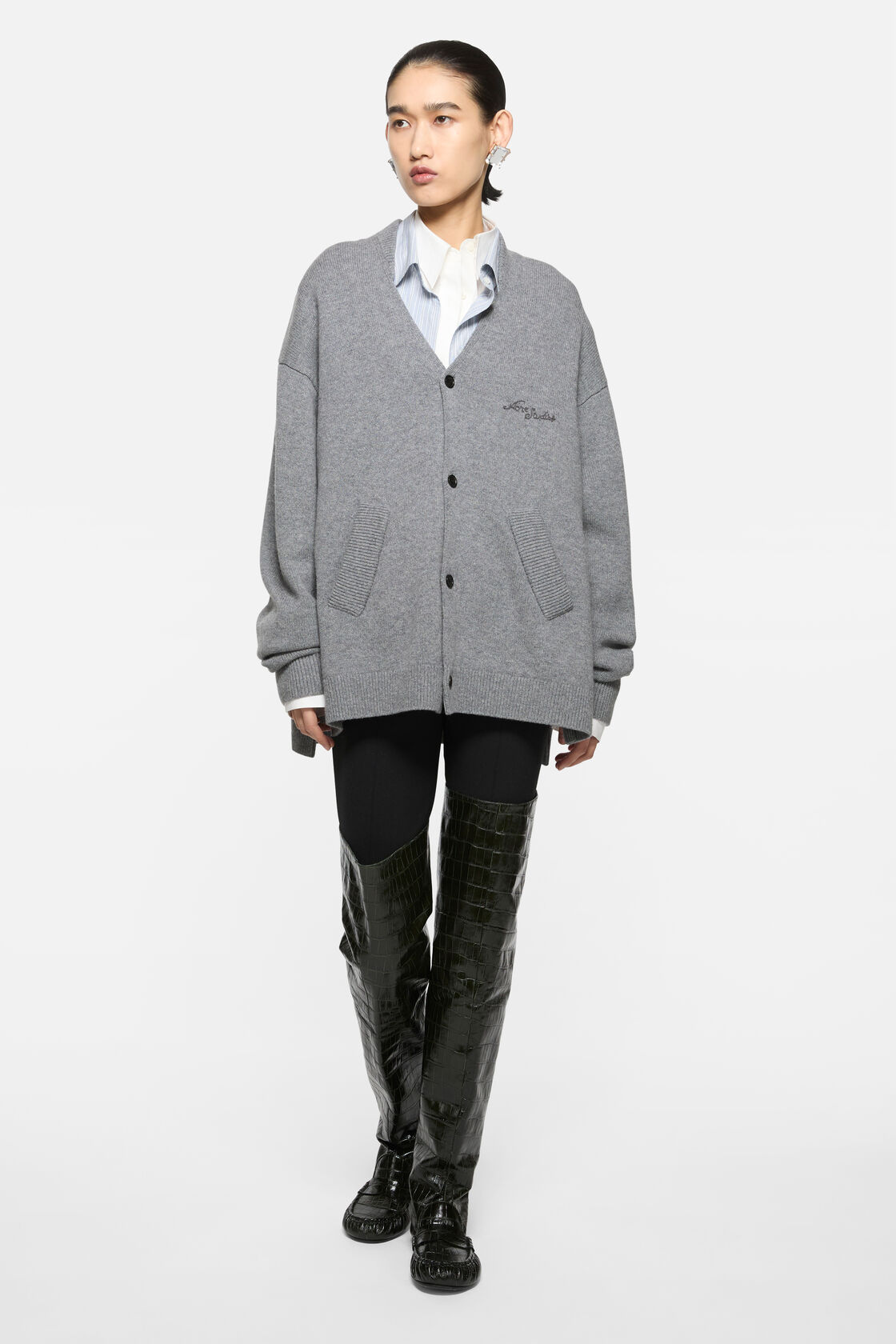 Wool V-Neck Cardigan, Dark Grey Melange, 2000x
