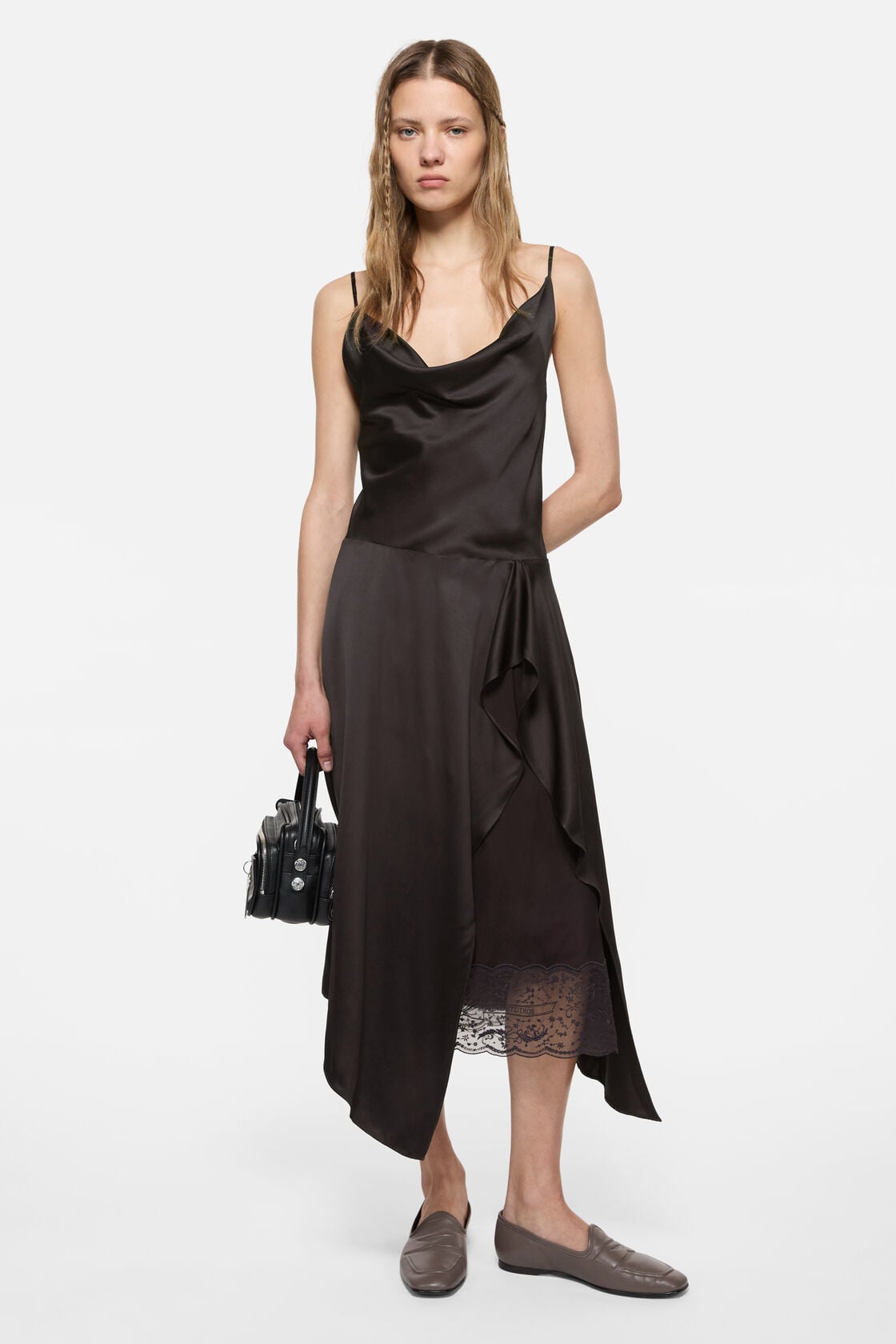 Shiny satin slip dress, Dark brown, 2000x