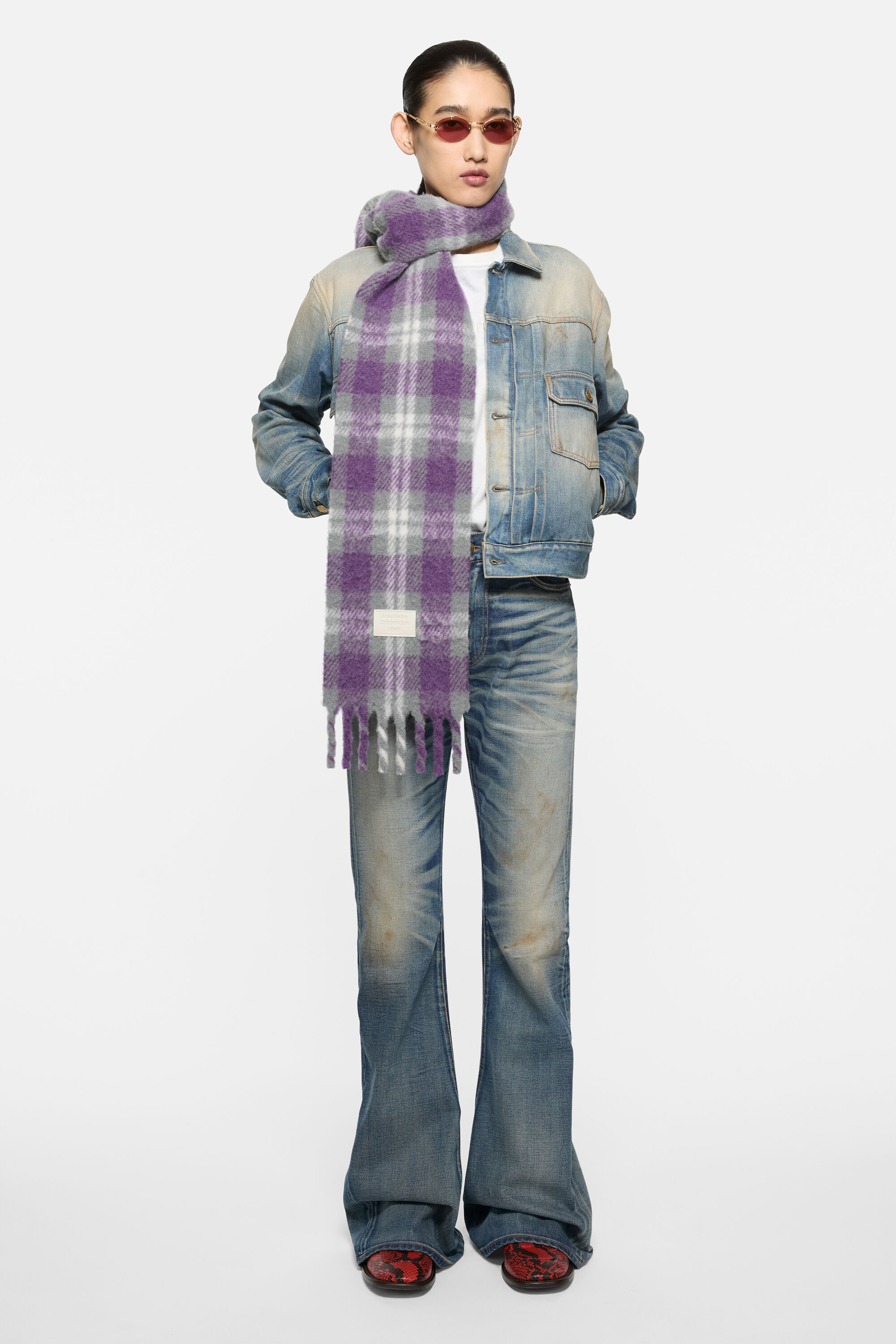 acne studios フリンジアルパカスカーフ Acne Studios - フリンジアルパカウールスカーフ - グレー/パープル