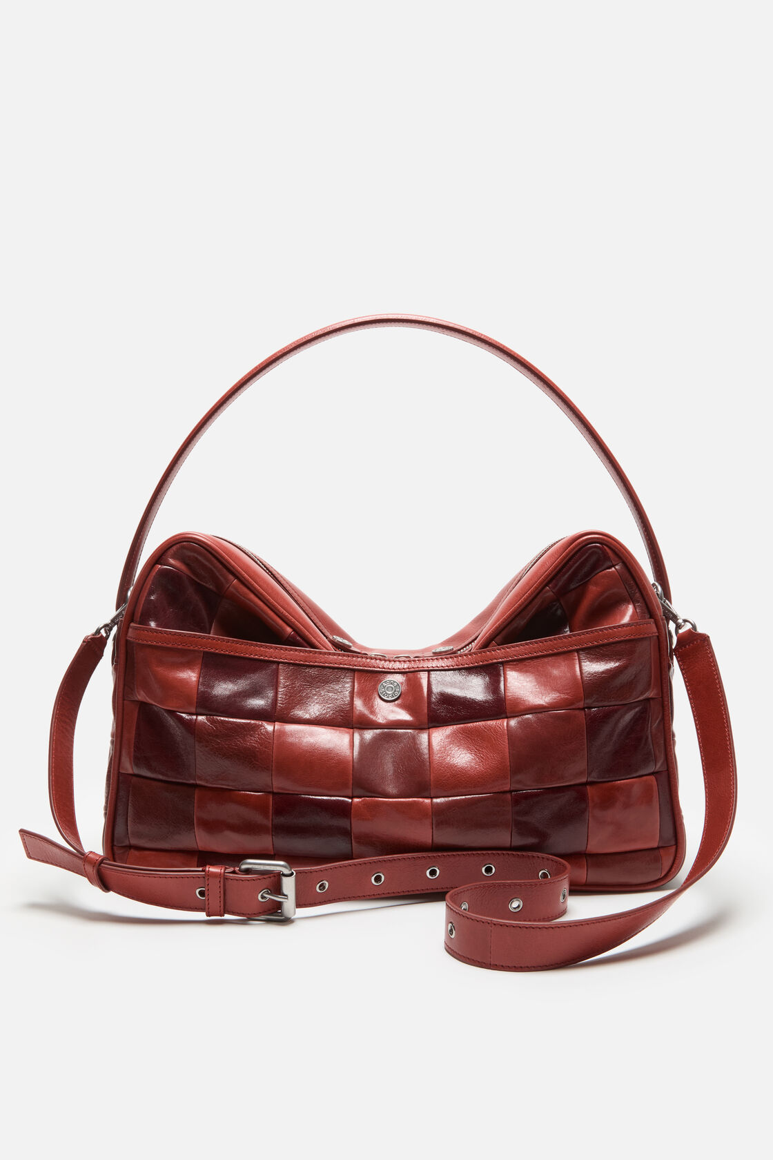 Acne Studios Camero Camera Patchwork Bag Bag in burgundy leather, top-down view showing open main zip compartment with dark lining.