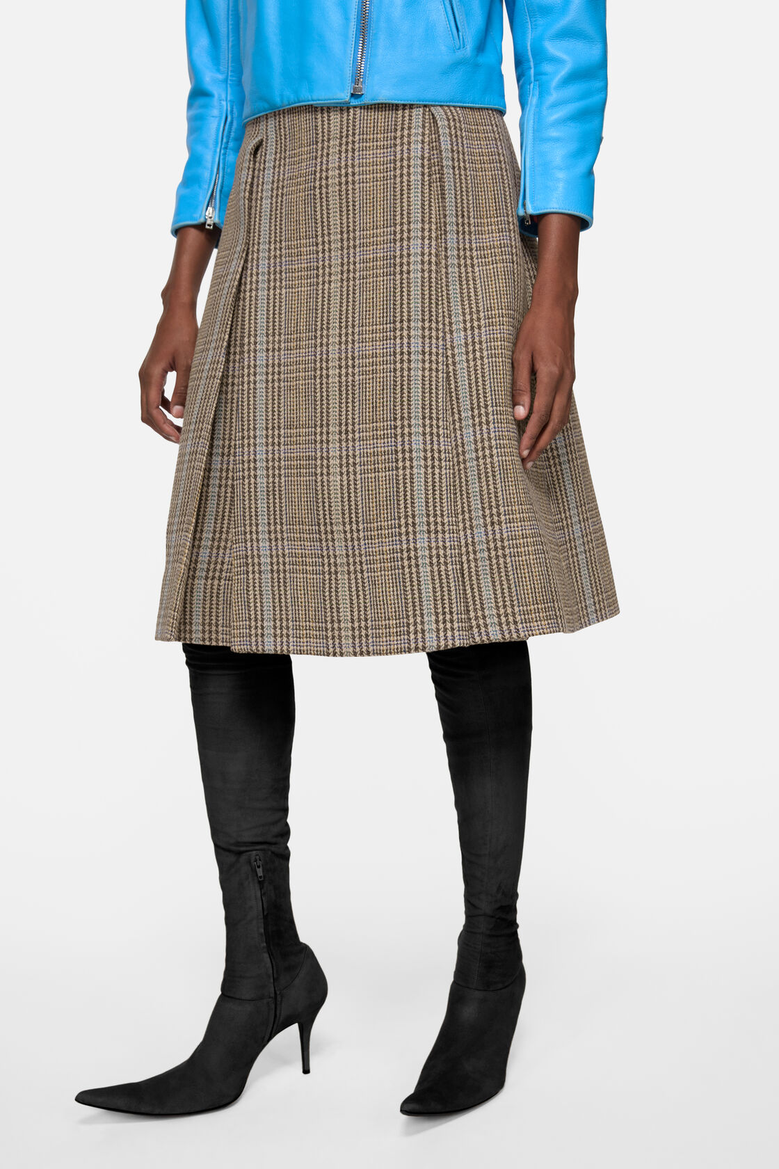 Long pleated wool skirt, Brown/blue multi, 2000x
