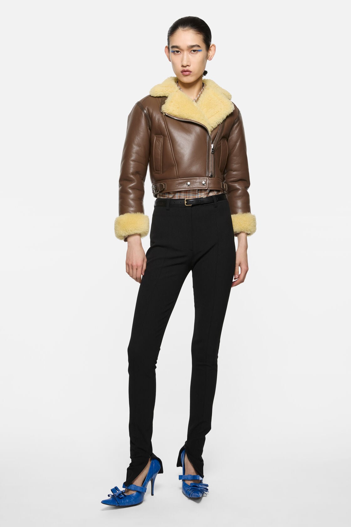 Shearling biker jacket, Mid brown/pale yellow, 2000x