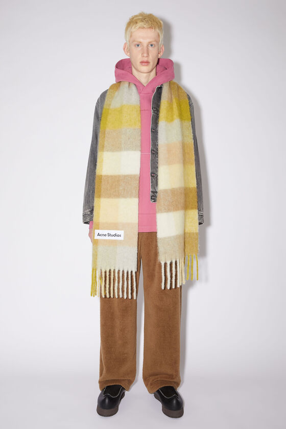 Acne Studios - Checked wool fringe scarf - Pastel yellow/cream beige