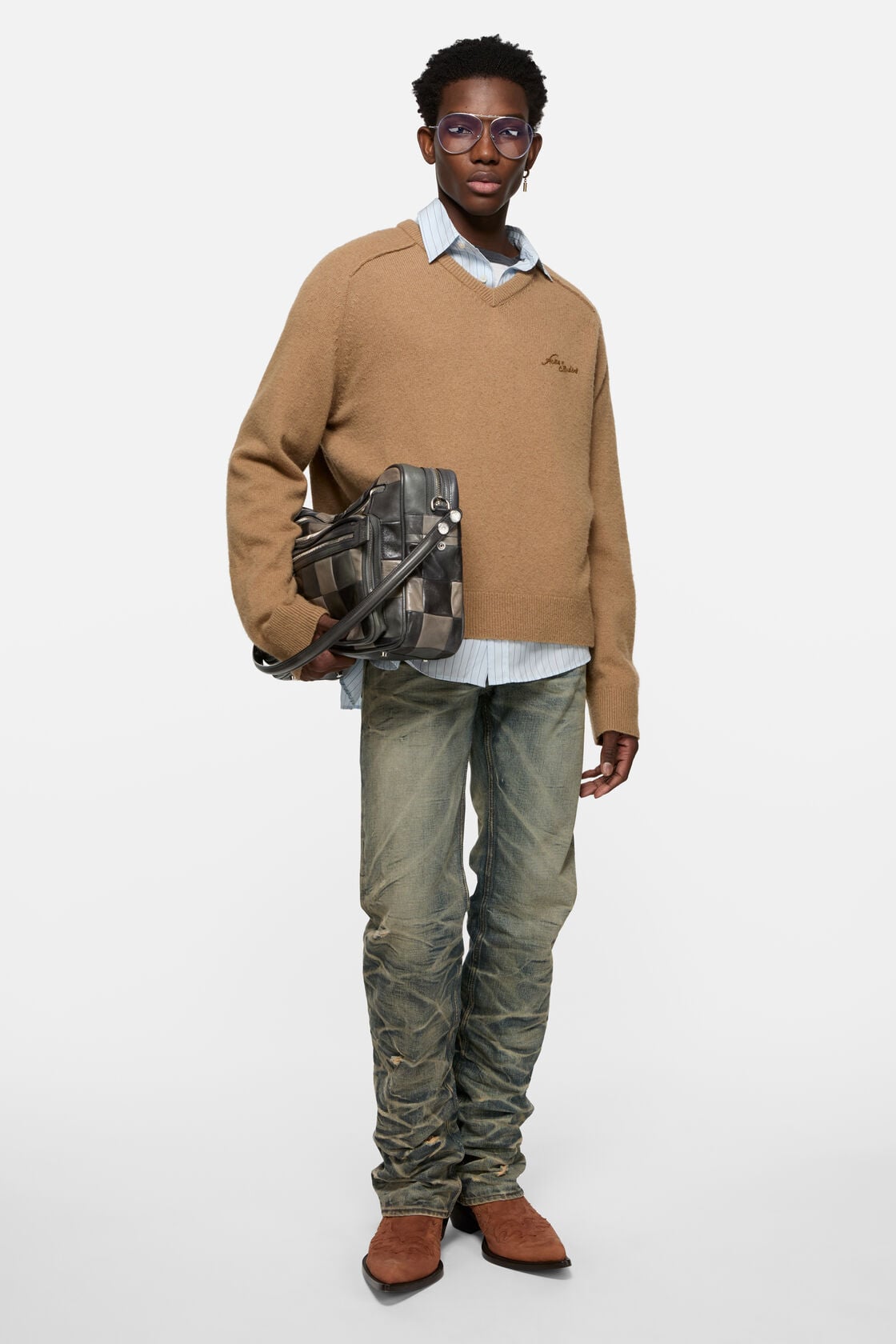 Camel hair v-neck sweater, Light camel, 2000x