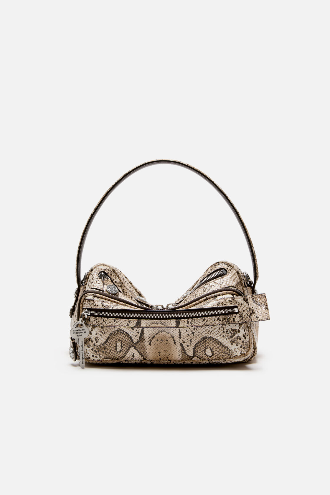 Acne Studios beige multi snake-print leather shoulder bag with silver-tone zippers, multiple exterior pockets, and a single top handle.