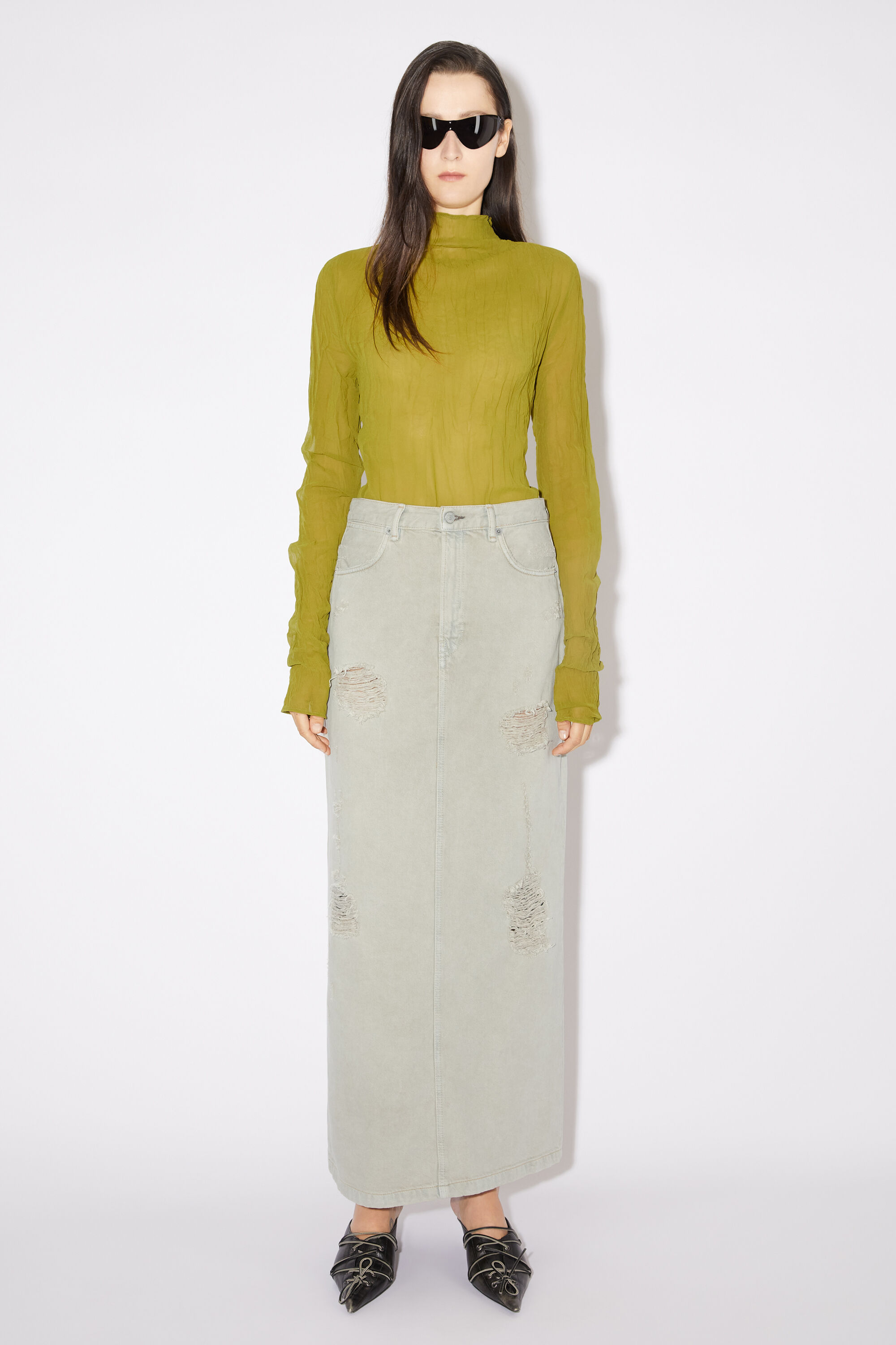 Distressed Denim Skirt in Vintage Wash #79020 – The Skirt Lady