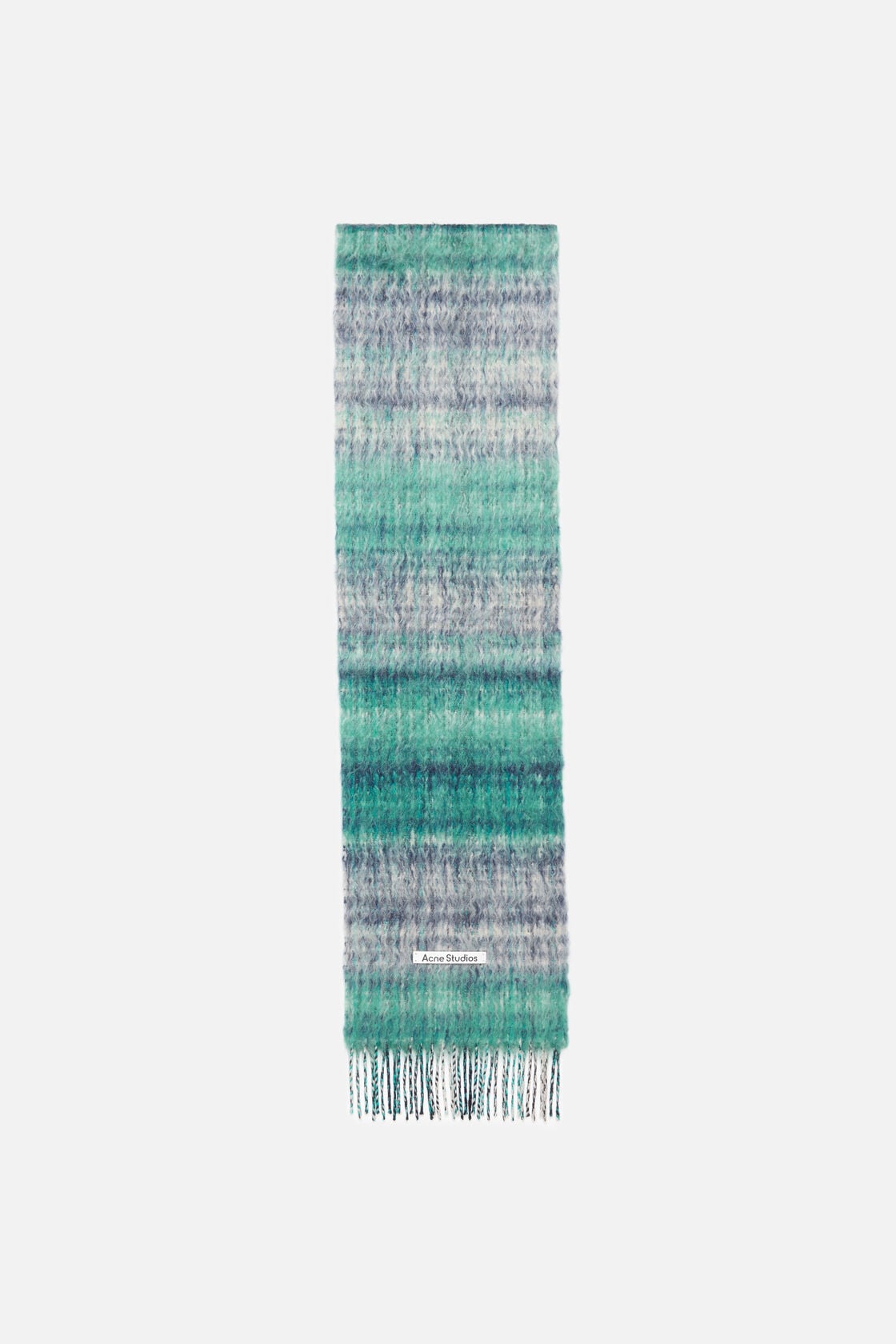 Acne Studios fringed mohair scarf in white and aqua striped knit with a fluffy texture and twisted fringe ends.