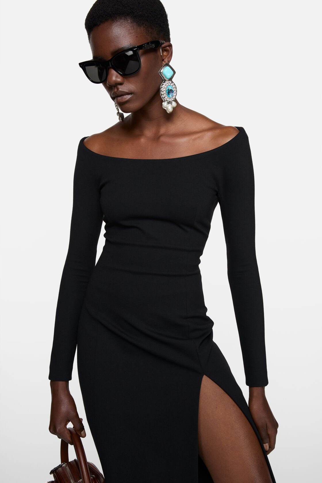 Long sleeve midi dress, Black, 2000x