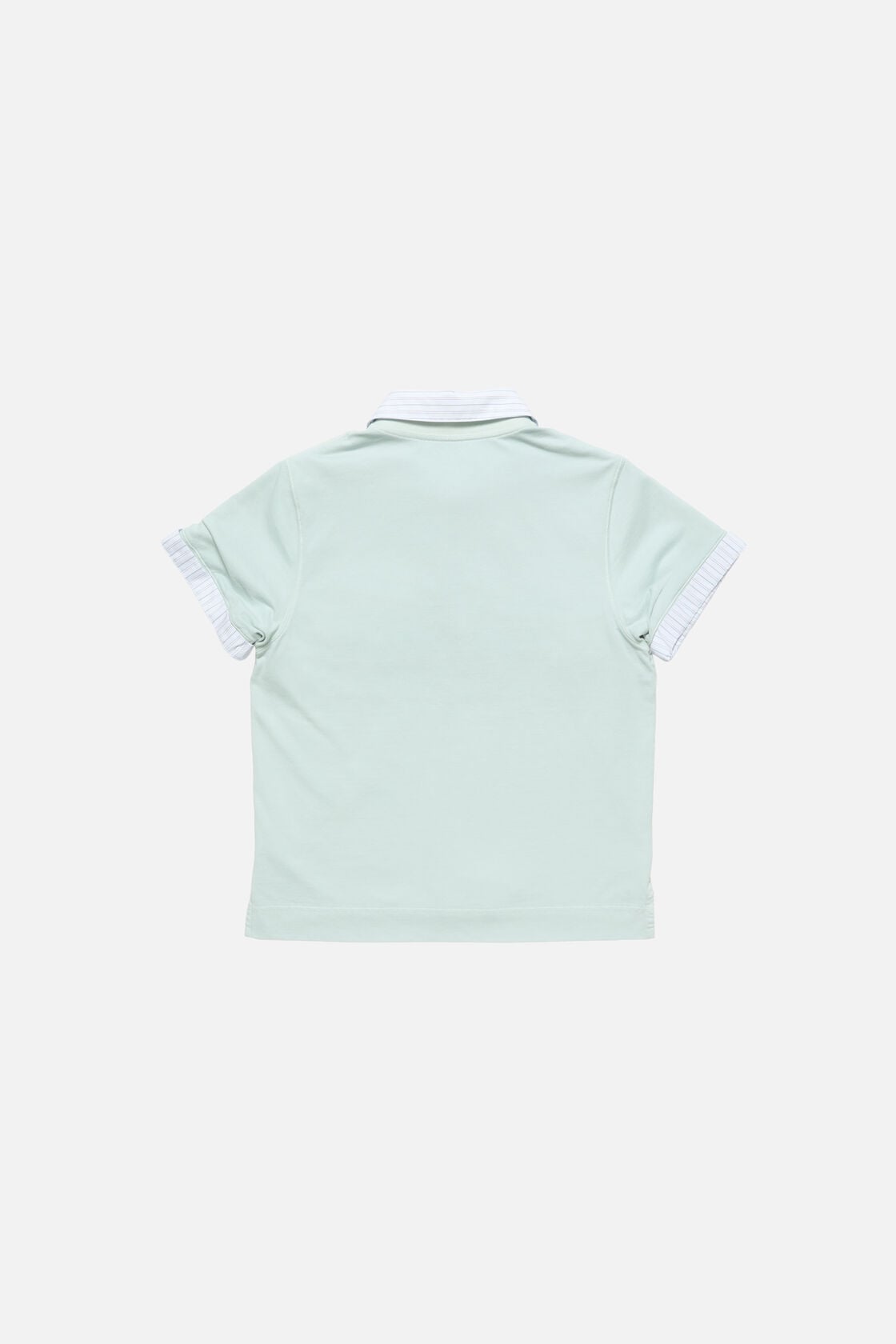 Acne Studios light blue layered polo shirt, back view, with white pinstripe collar and ruffled sleeve cuffs, short sleeves, relaxed fit.