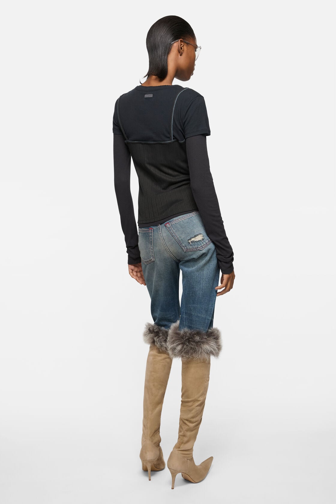 Layered jersey shirt with bow, Black, 2000x