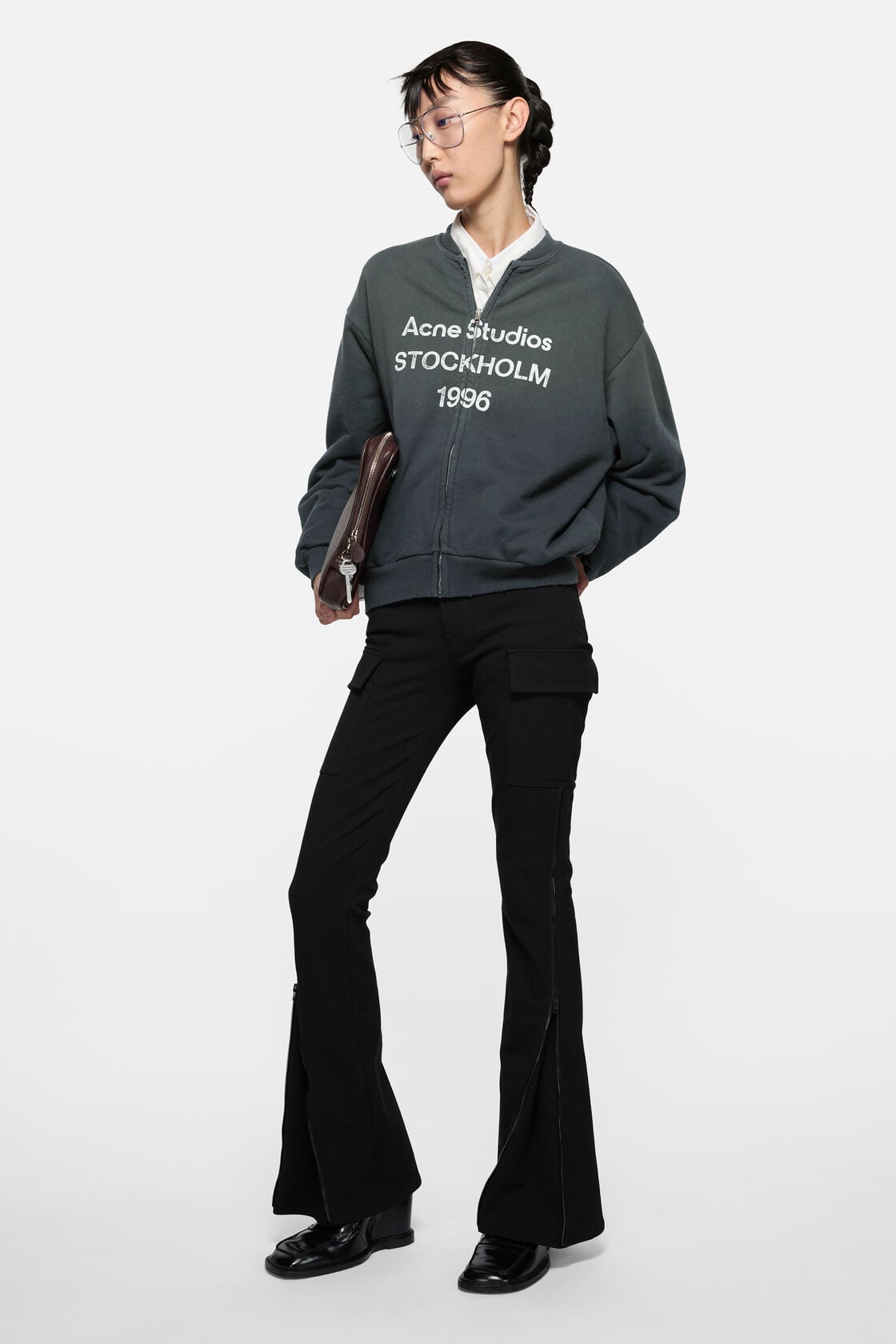 Washed zip-up cardigan, Black, 2000x