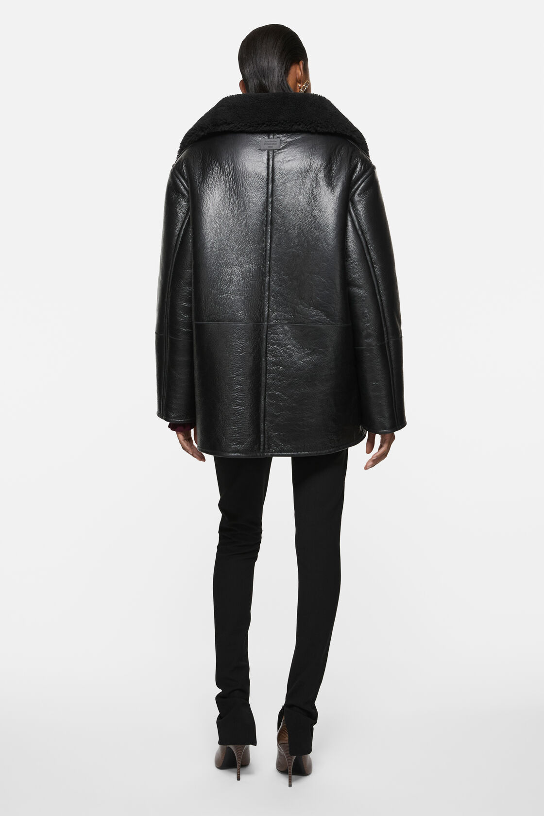 Leather Shearling Duffle Coat, Black, 2000x
