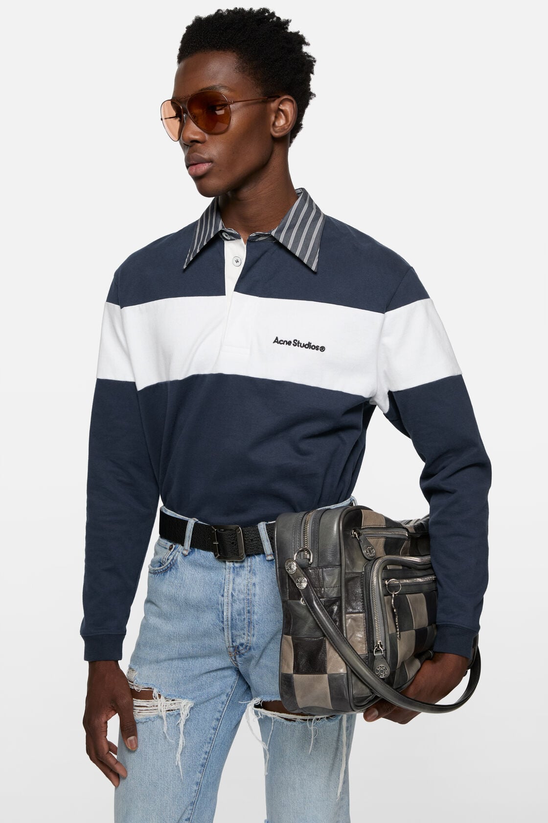 Striped polo sweatshirt, Navy/white, 2000x
