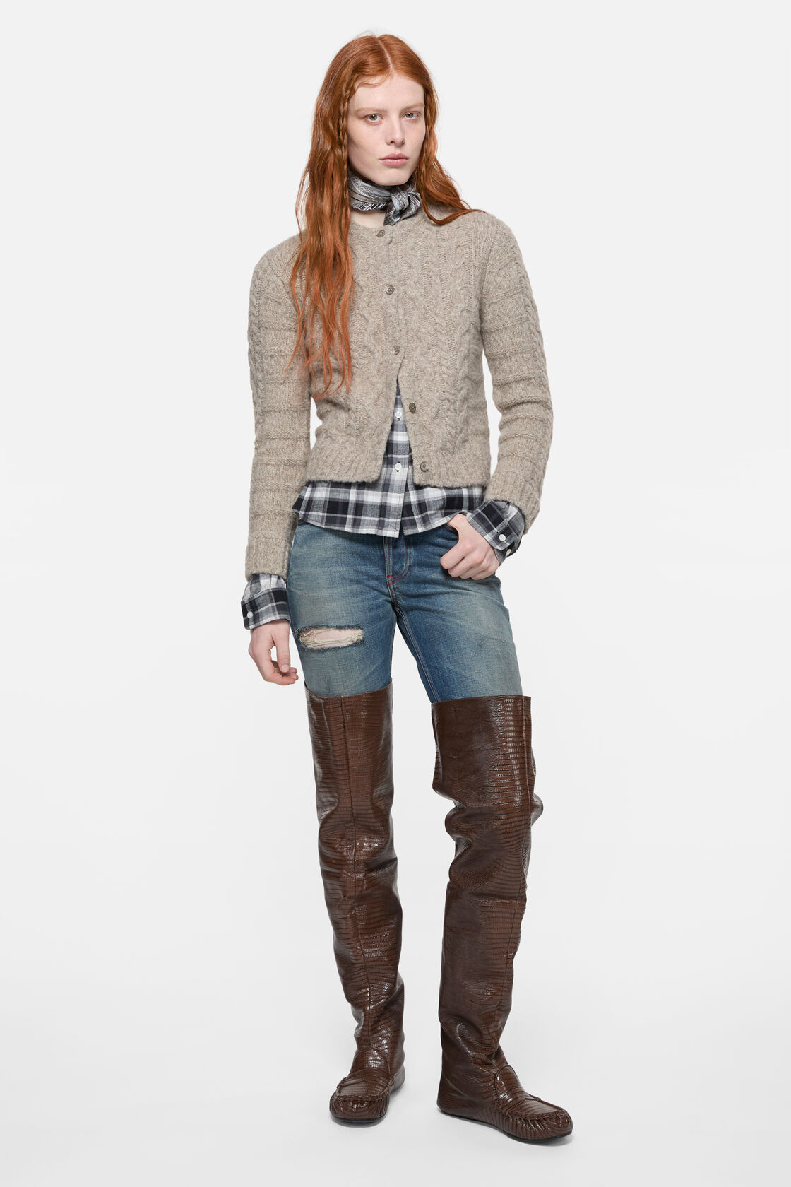 Cable knit cardigan, Medium beige, 2000x