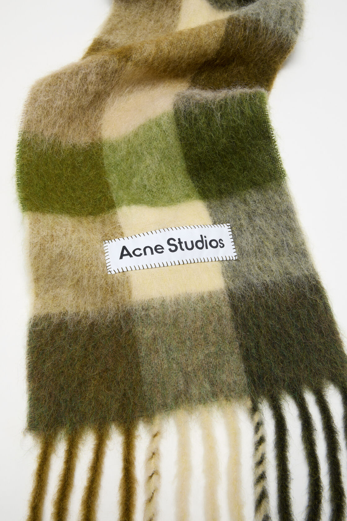 Mohair Check Scarf, Khaki/Cream/Dark Green, 2000x