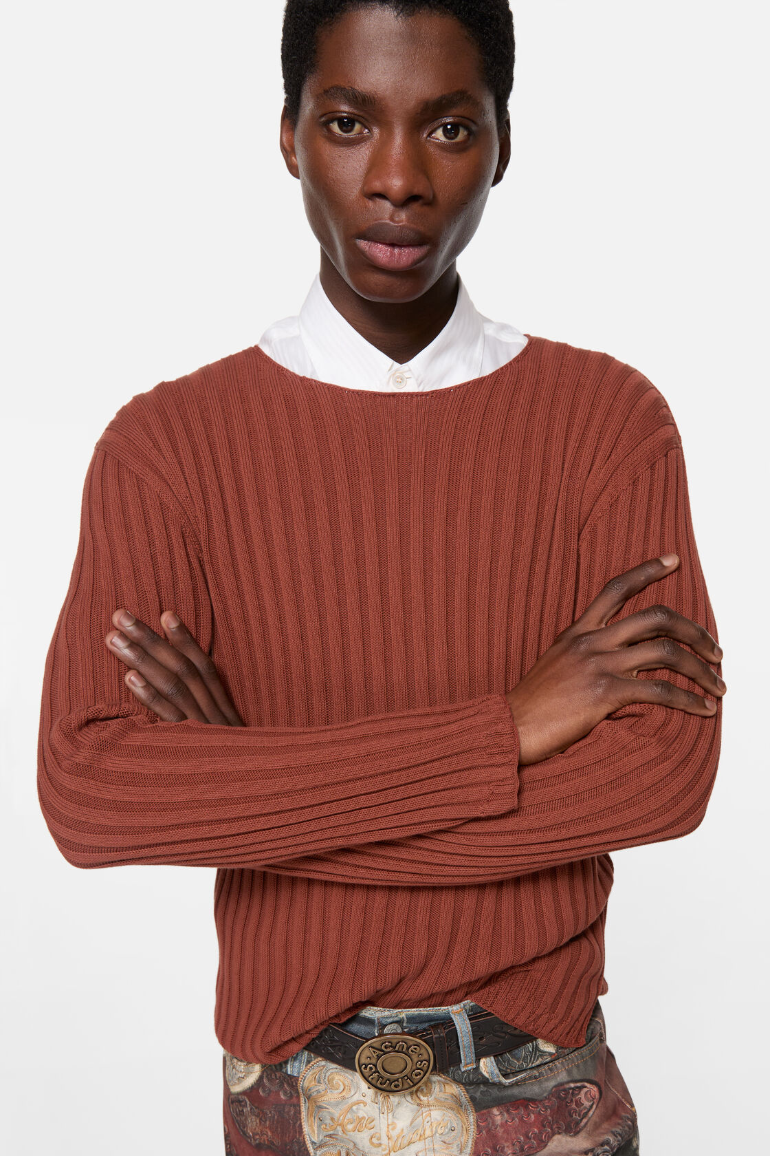 Ribbed crewneck knit, Terracotta red, 2000x