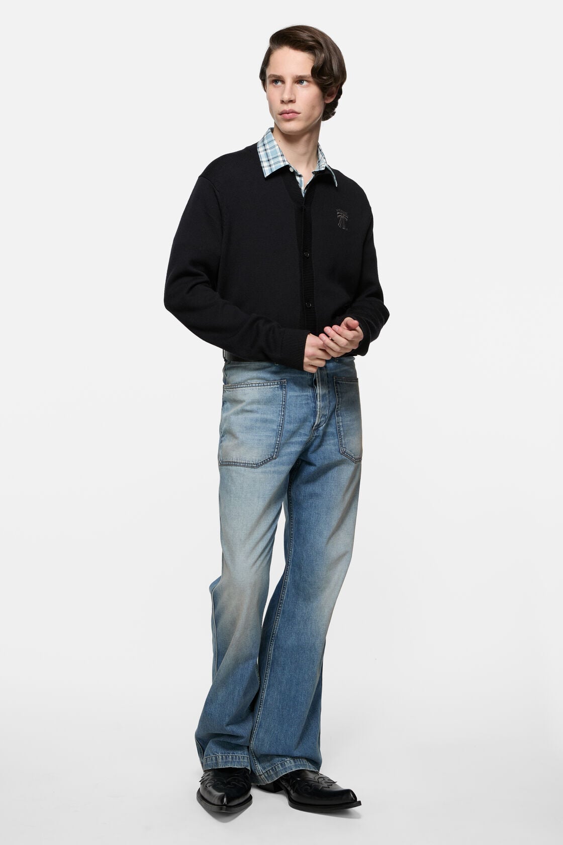 Crewneck bow logo cardigan, Black, 2000x