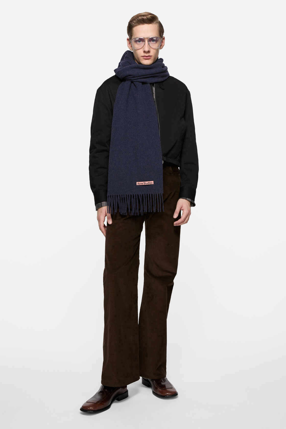 Fringe wool scarf &ndash; Narrow, Dark Navy Melange, 2000x