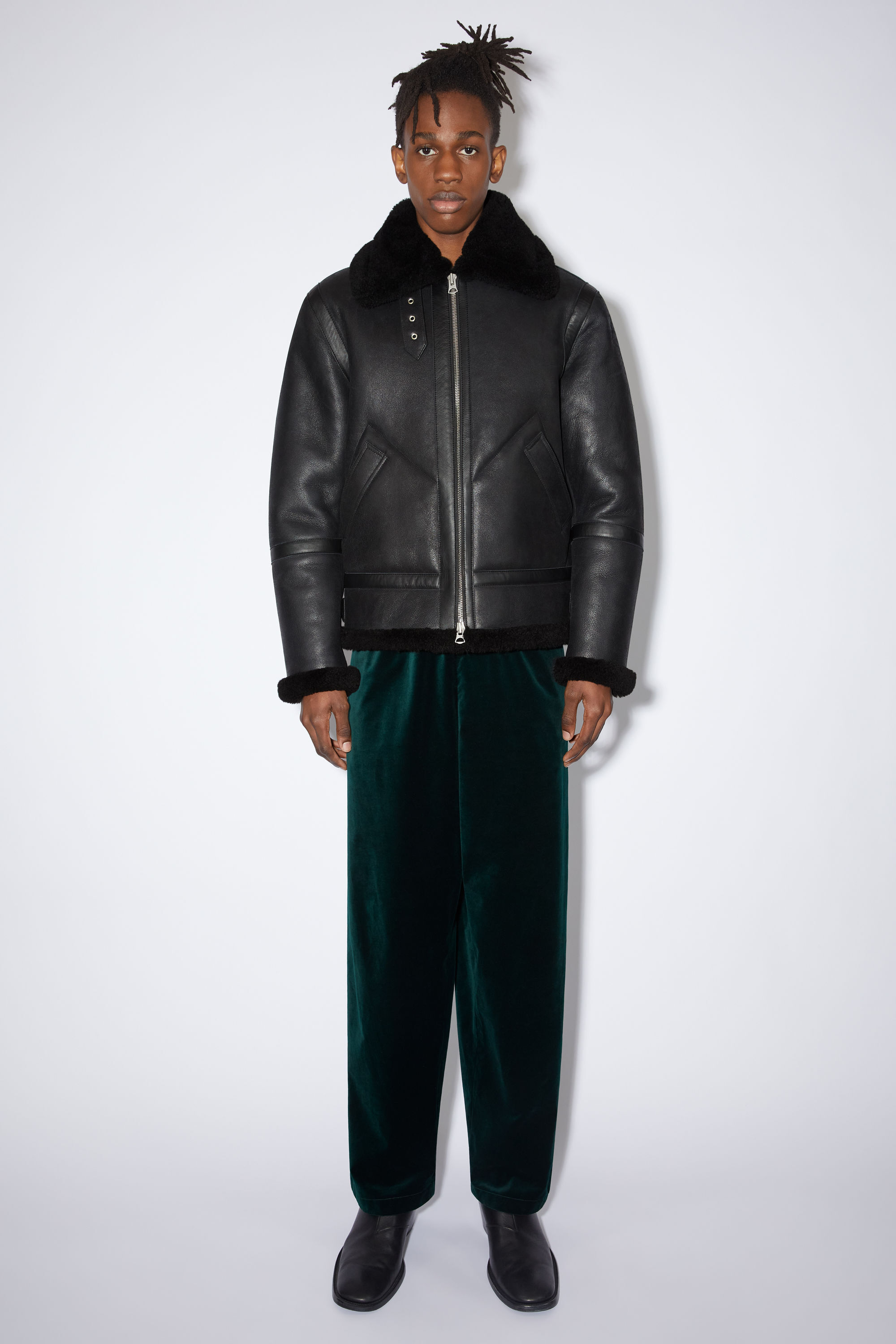black leather jacket with pink lining