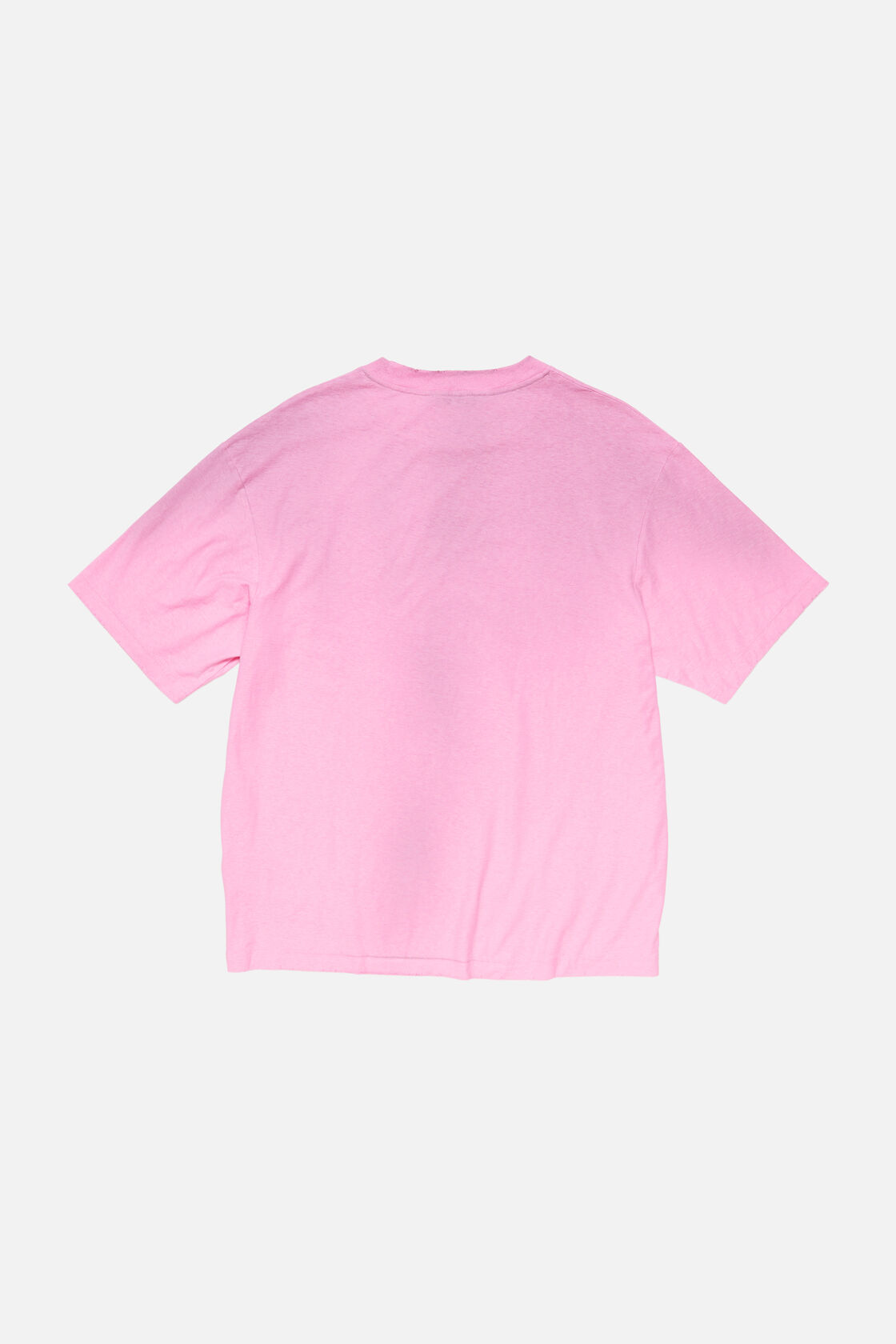 Acne Studios cotton candy pink sprayed logo t-shirt, back view, relaxed fit, short sleeves, crewneck, hip-length silhouette.