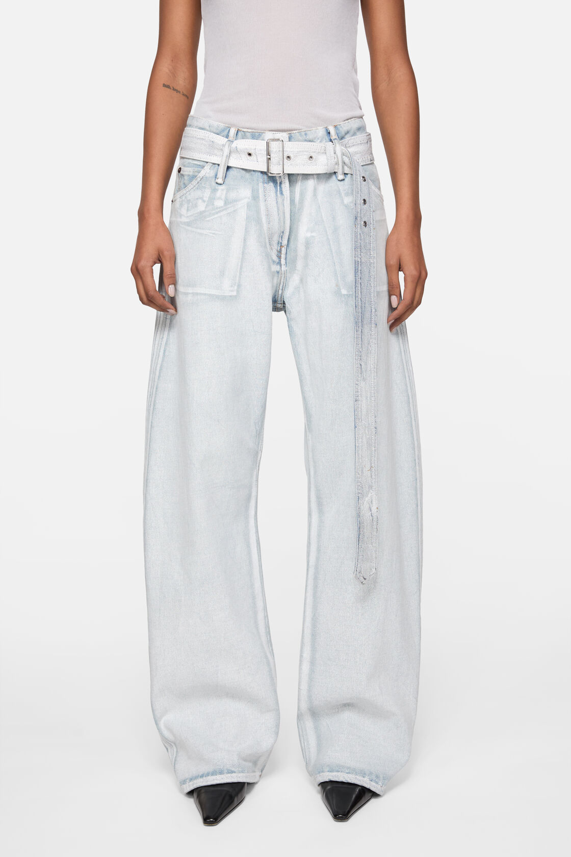 Denim trousers with belt, Blue/white, 2000x